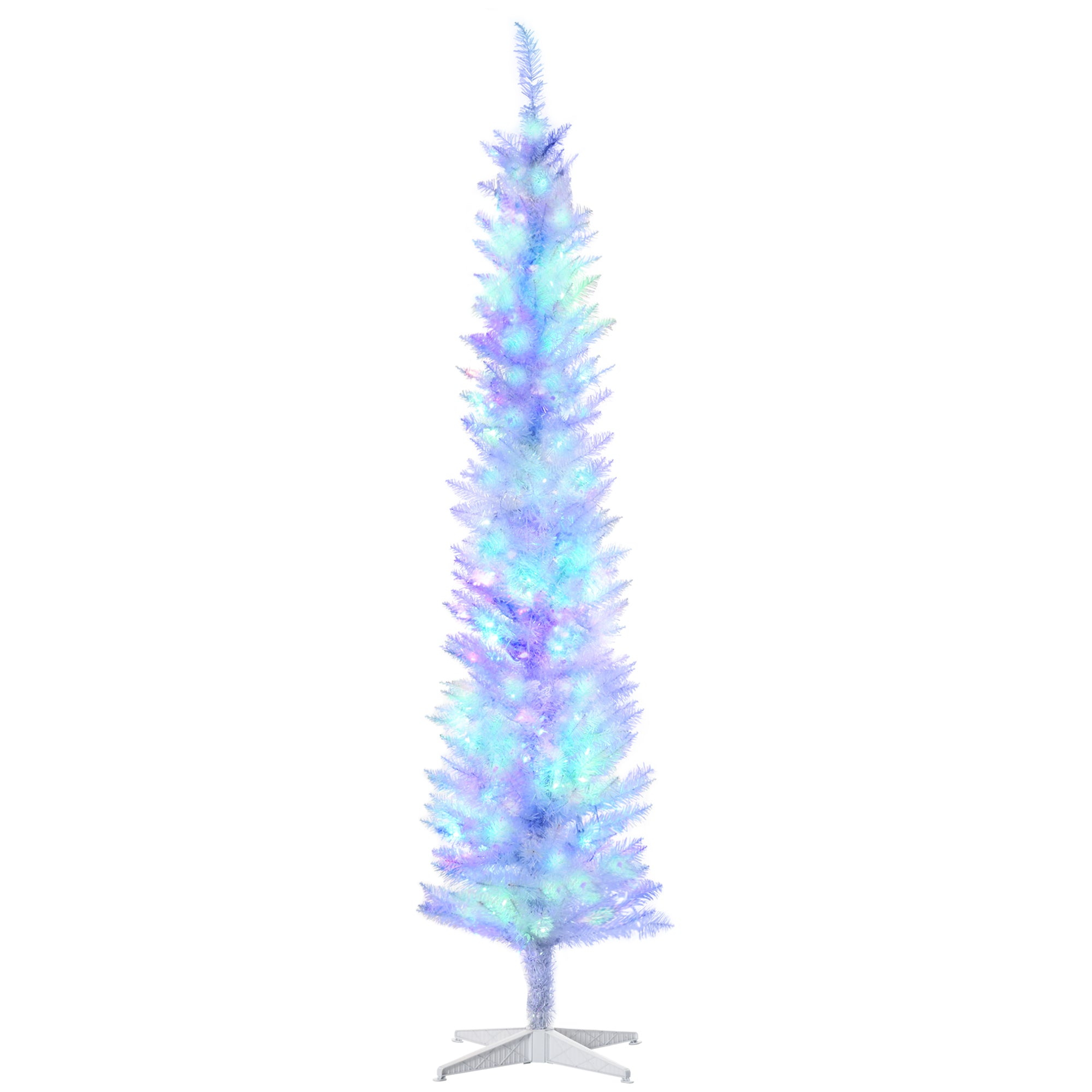 7' Prelit Christmas Trees, Pencil Artificial Christmas Tree with Colorful Surface Branches, Colorful LED Lights, White