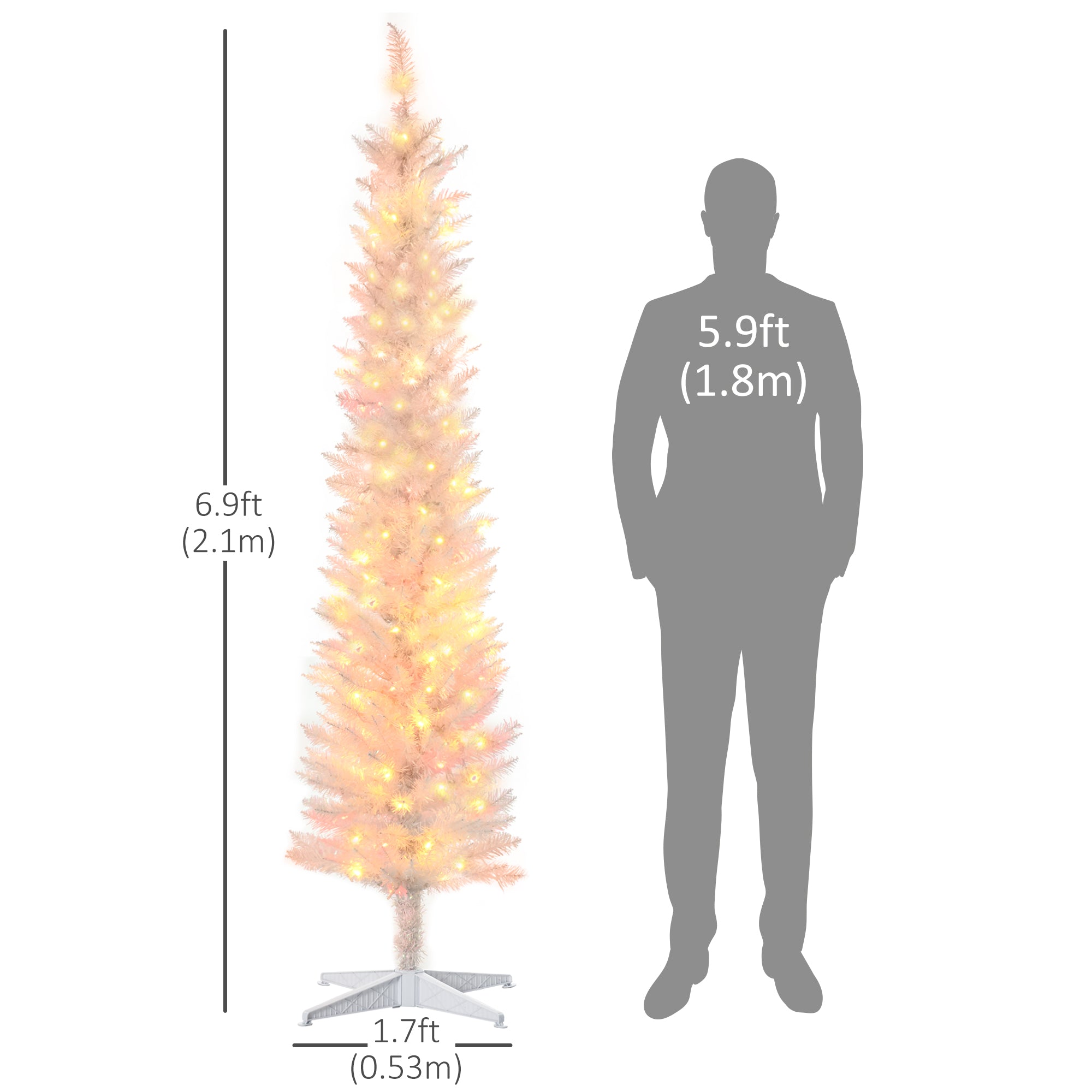 HOMCOM 7ft Tall Prelit Artificial Slim Christmas Tree Xmas Tree with Colourful Surface Branches, Colourful LED Lights, White