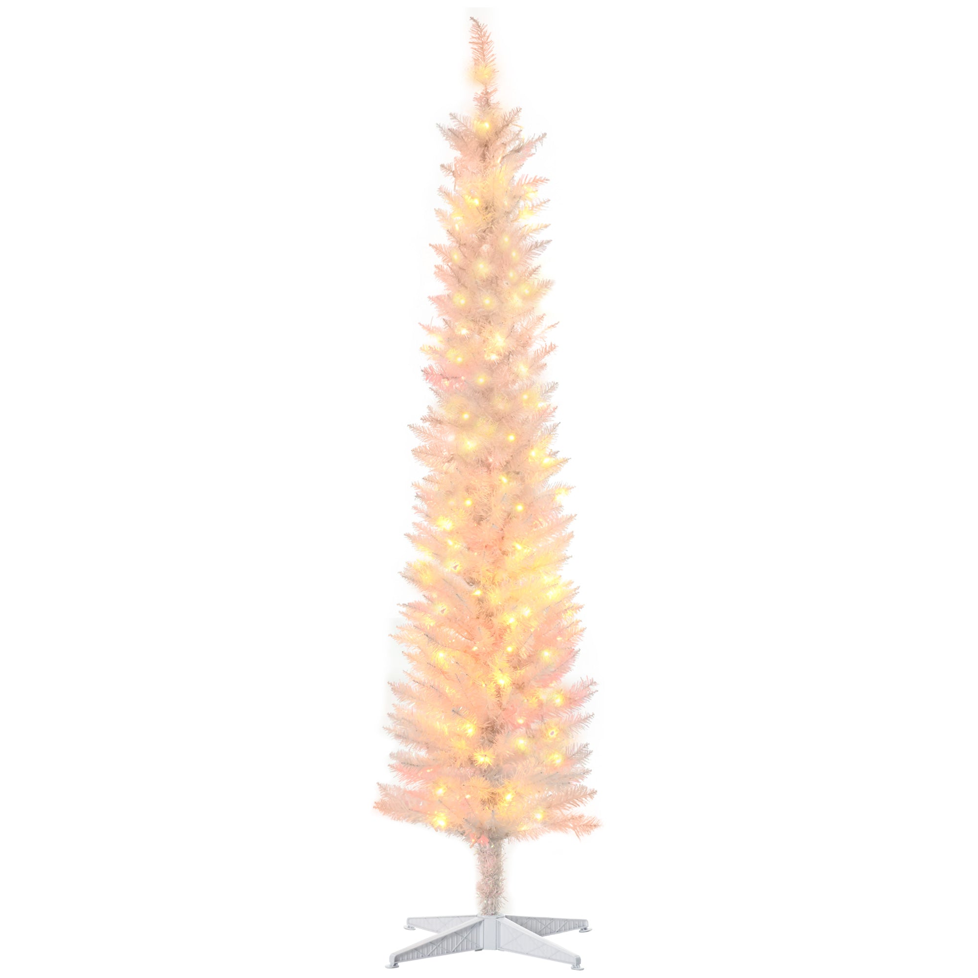 7' Prelit Christmas Trees, Pencil Artificial Christmas Tree with Colorful Surface Branches, Colorful LED Lights, White