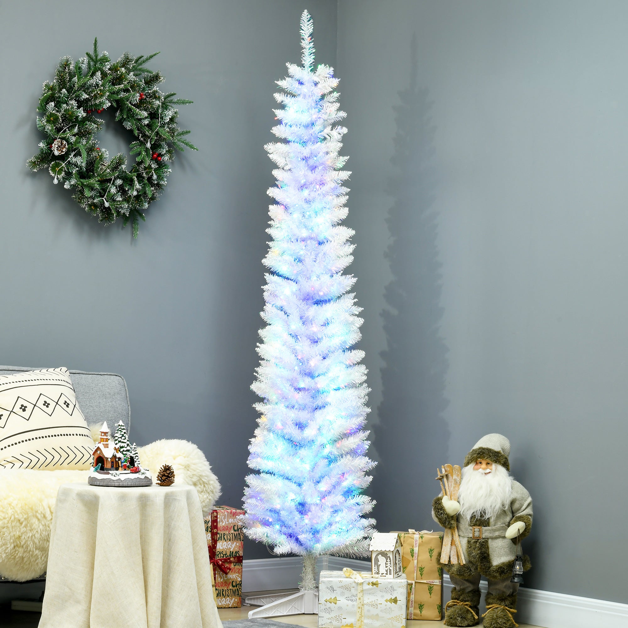 7' Prelit Christmas Trees, Pencil Artificial Christmas Tree with Colorful Surface Branches, Colorful LED Lights, White