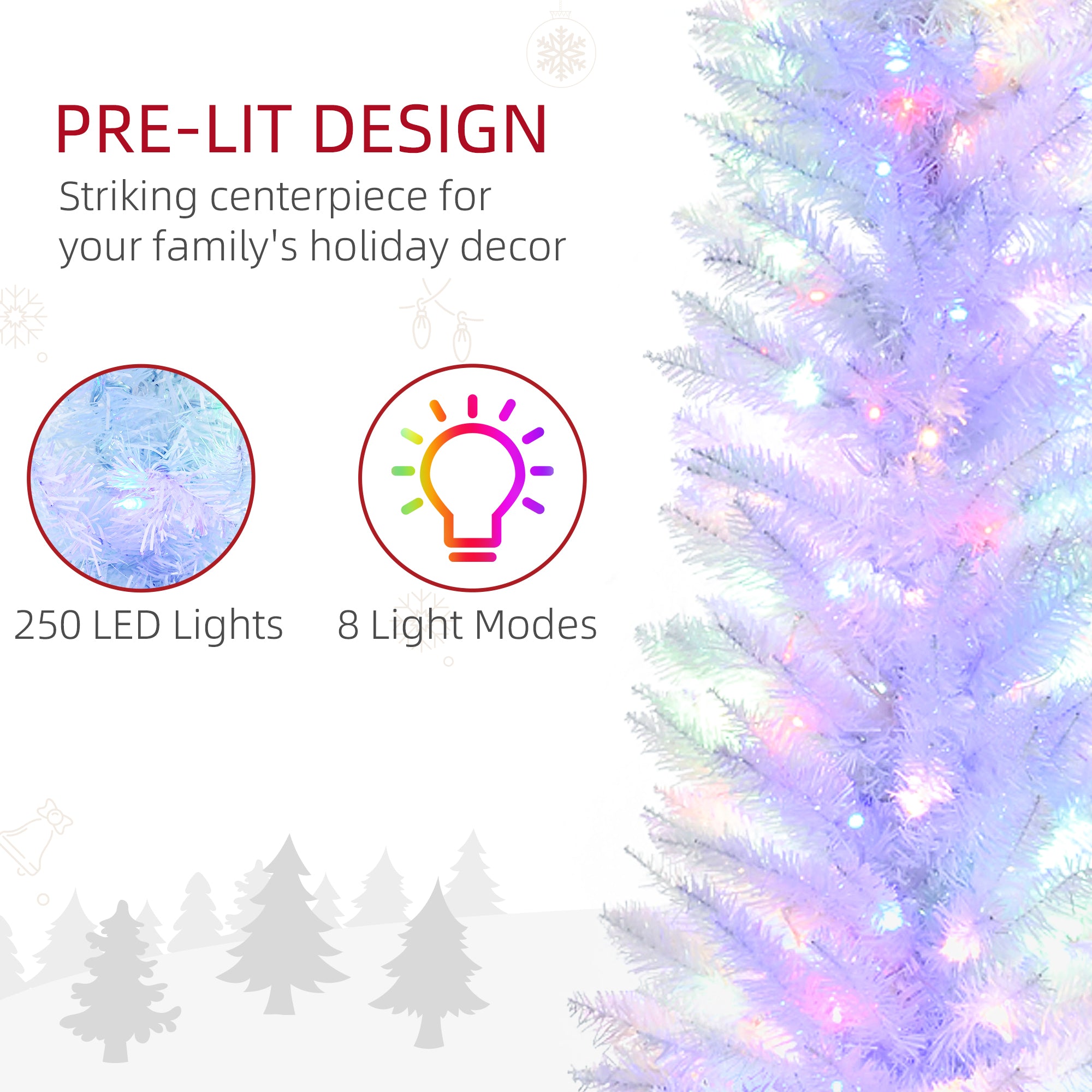 7' Prelit Christmas Trees, Pencil Artificial Christmas Tree with Colorful Surface Branches, Colorful LED Lights, White