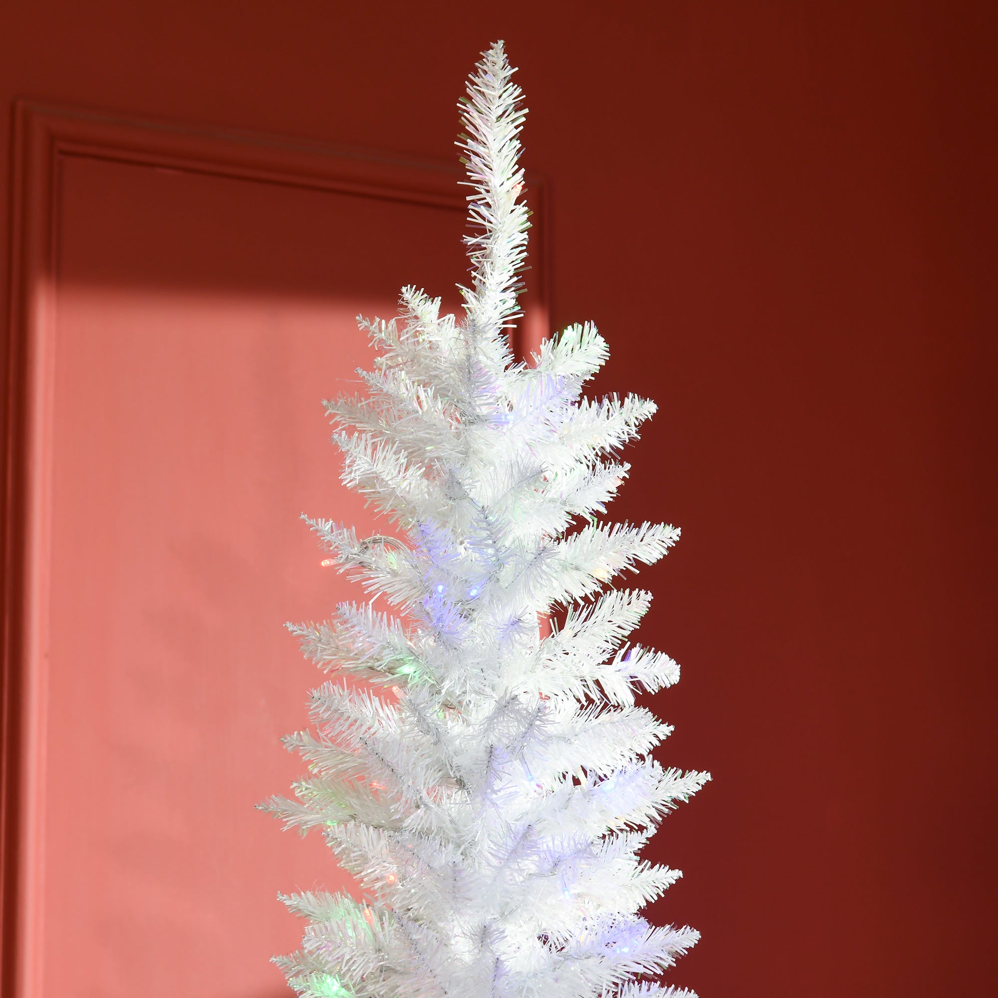 7' Prelit Christmas Trees, Pencil Artificial Christmas Tree with Colorful Surface Branches, Colorful LED Lights, White