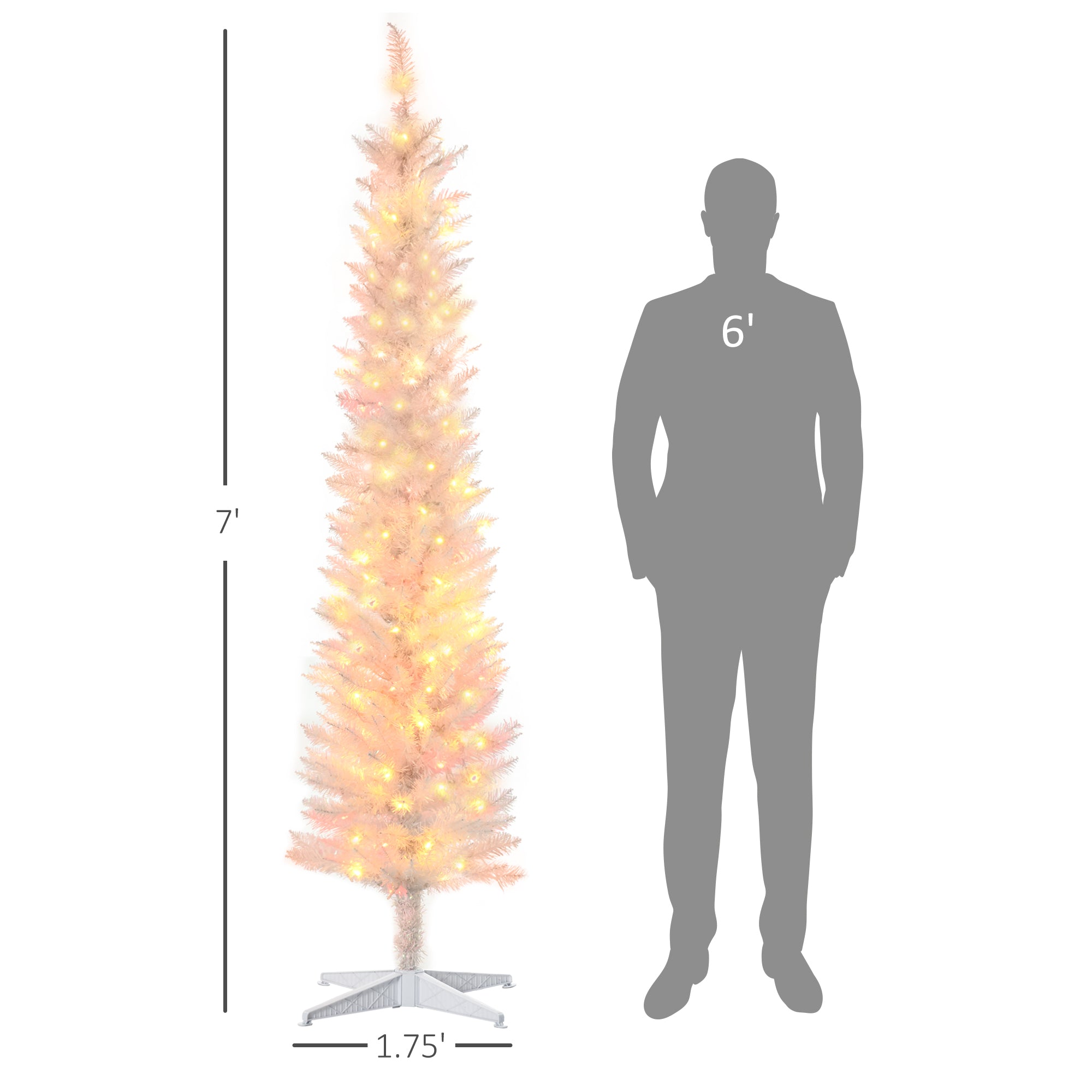 7' Prelit Christmas Trees, Pencil Artificial Christmas Tree with Colorful Surface Branches, Colorful LED Lights, White