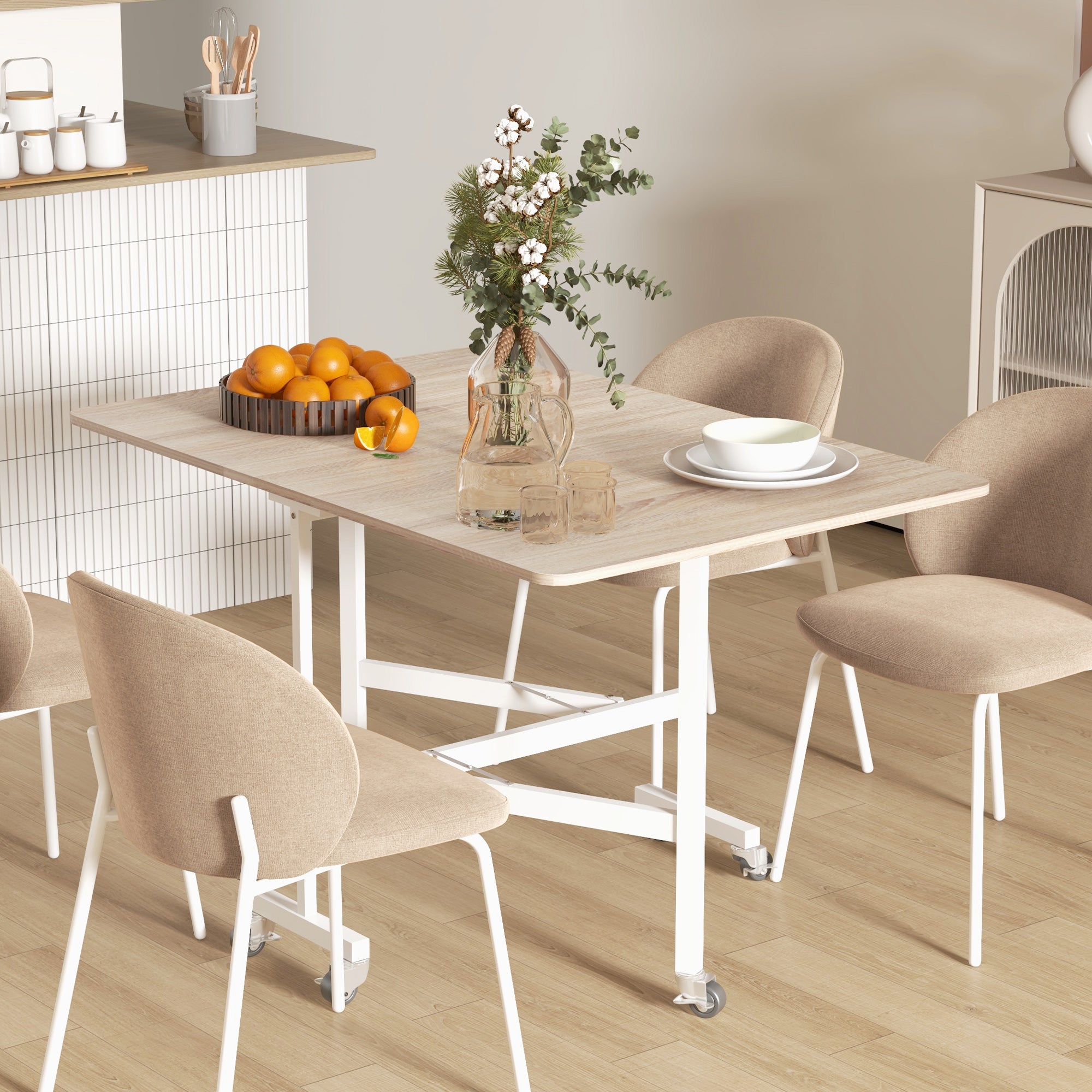 HOMCOM Mobile Drop Leaf Table, Folding Dining Table with 6 Wheels & Brakes, Kitchen Table for Small Spaces, Oak