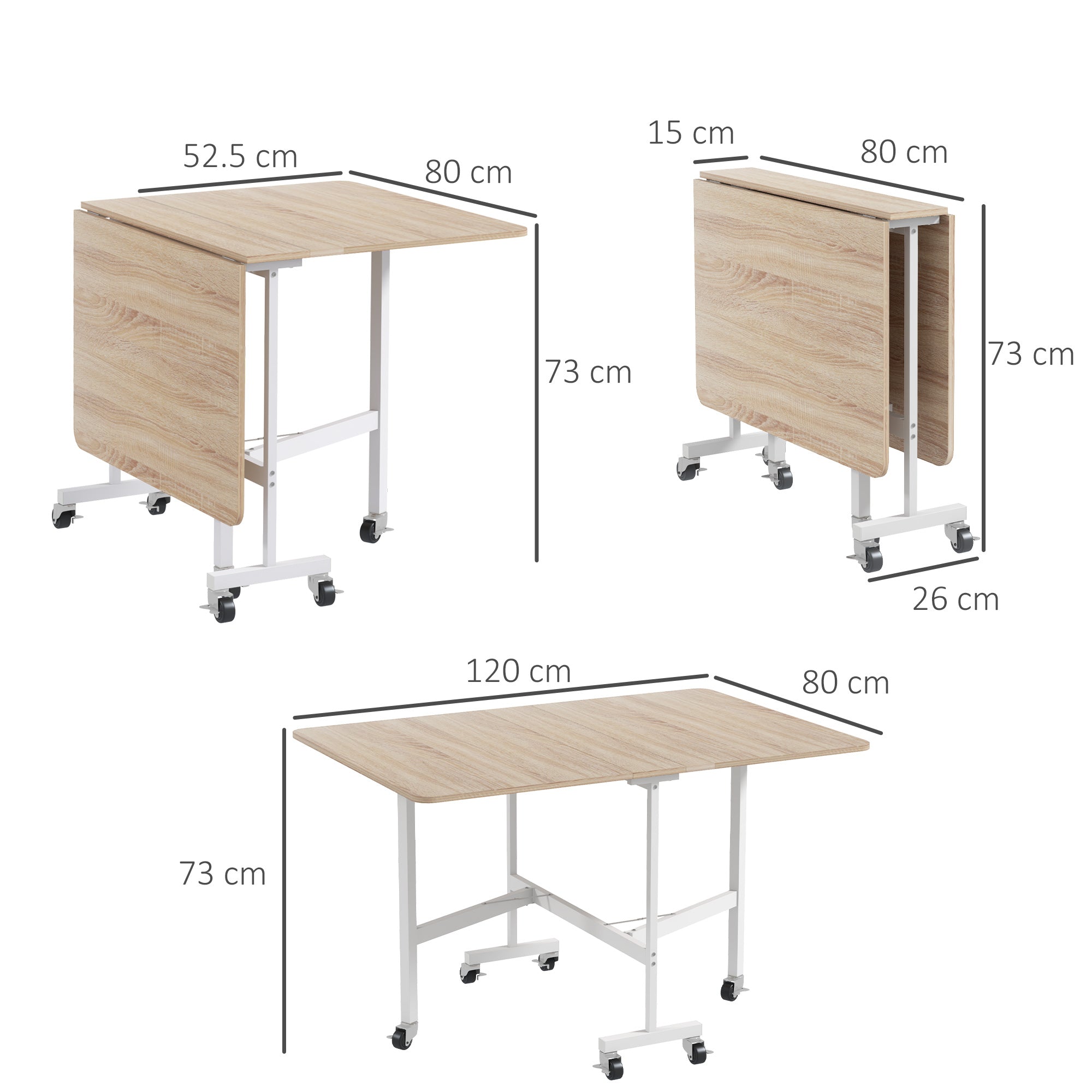 HOMCOM Mobile Drop Leaf Table, Folding Dining Table with 6 Wheels & Brakes, Kitchen Table for Small Spaces, Oak