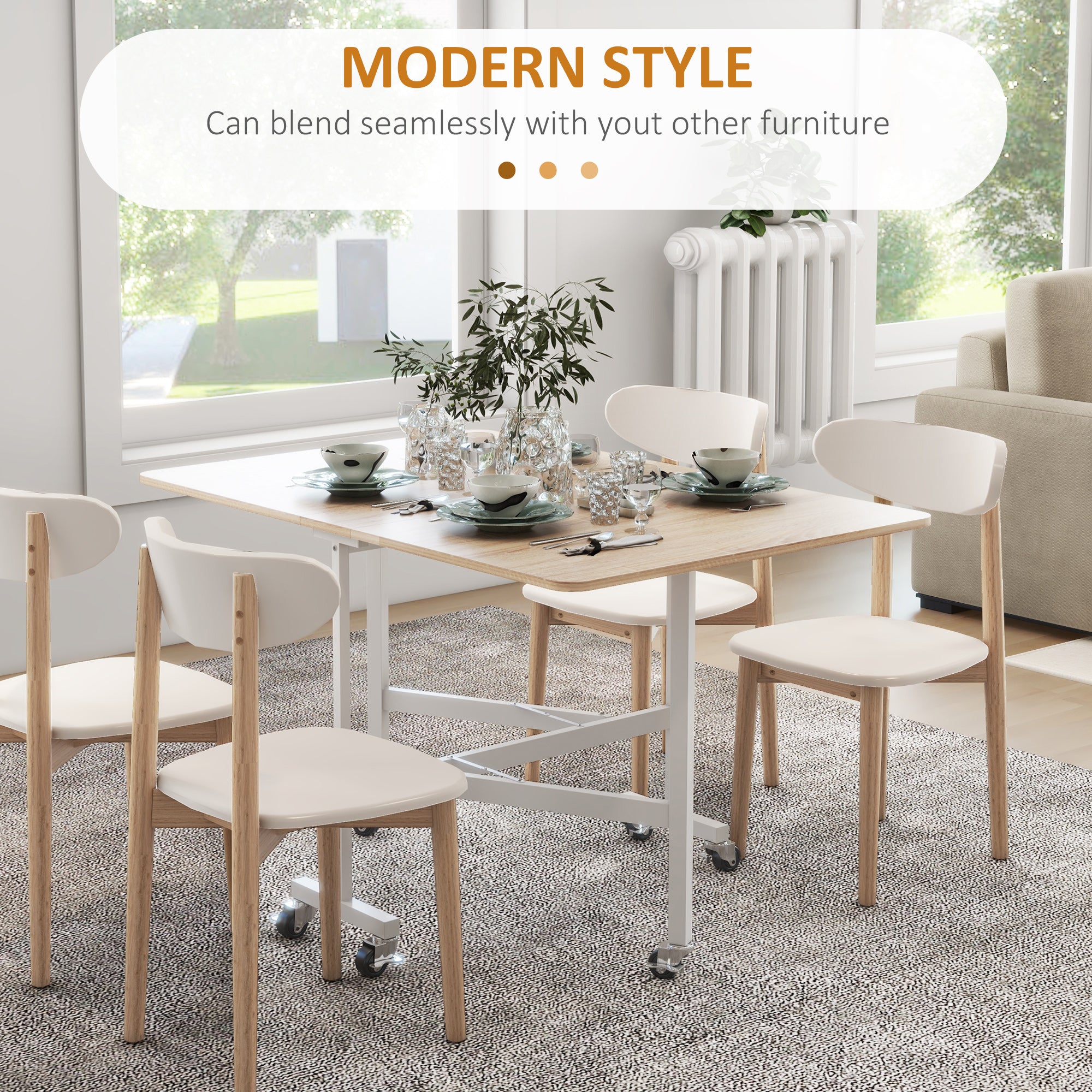 HOMCOM Mobile Drop Leaf Table, Folding Dining Table with 6 Wheels & Brakes, Kitchen Table for Small Spaces, Oak