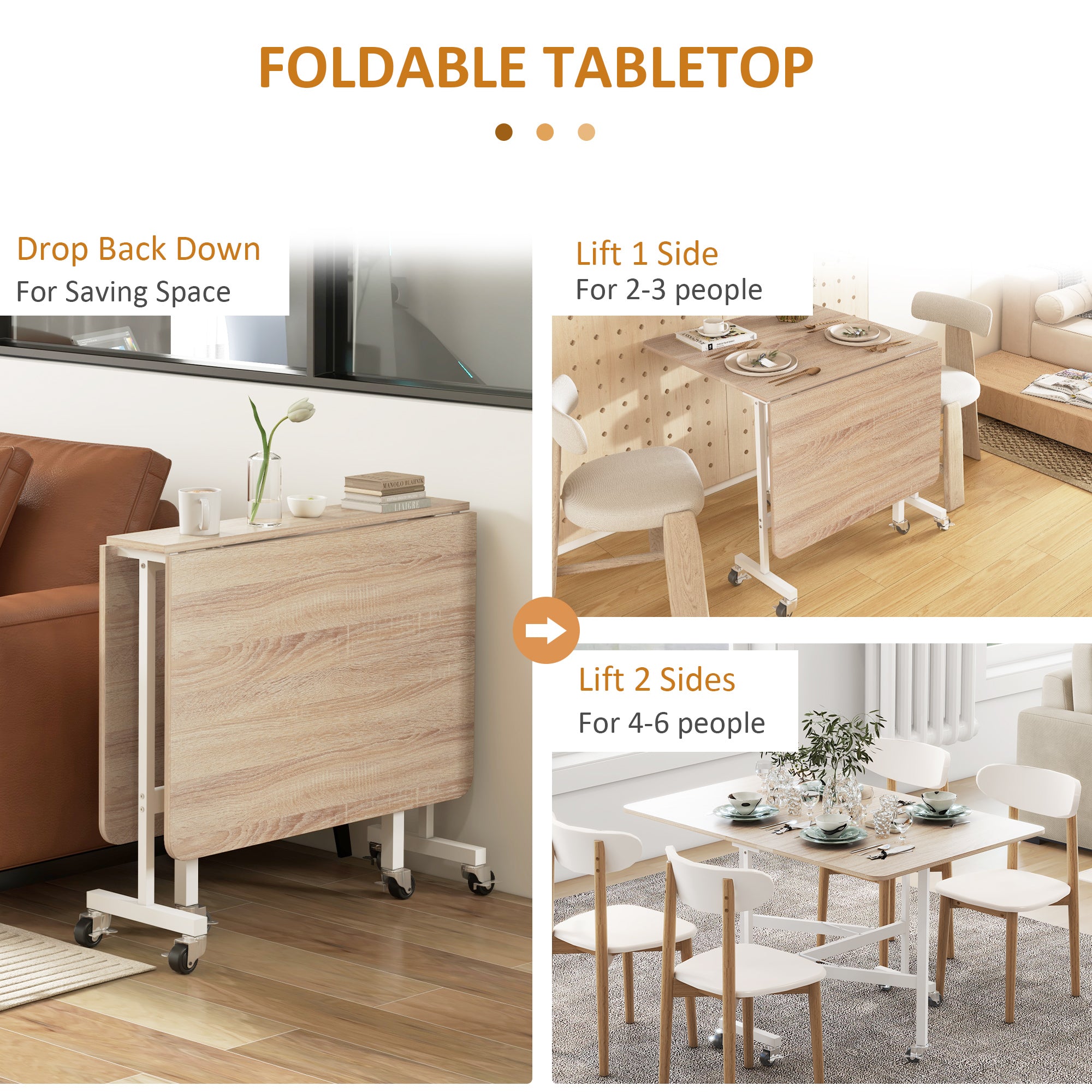 HOMCOM Mobile Drop Leaf Table, Folding Dining Table with 6 Wheels & Brakes, Kitchen Table for Small Spaces, Oak