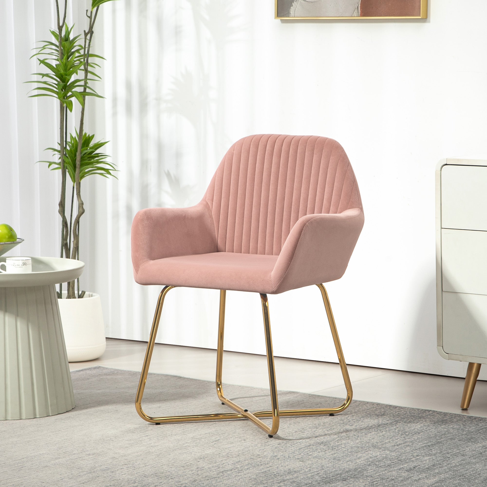 HOMCOM Modern Accent Chair, Velvet-Touch Fabric Upholstered Armchair with Metal Base for Living Room, Bedroom and Dinning Room, Pink