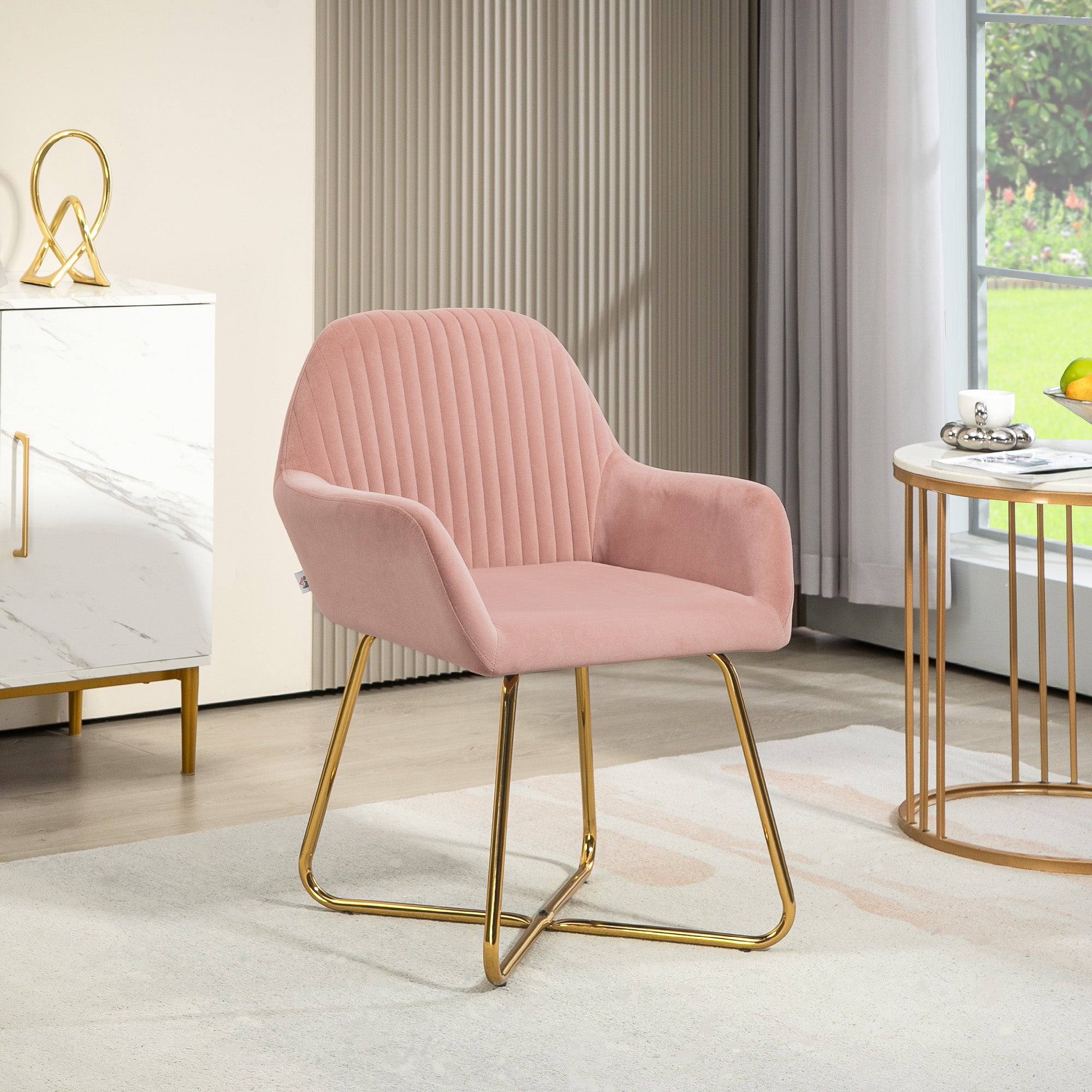 HOMCOM Modern Accent Chair, Velvet-Touch Fabric Upholstered Armchair with Metal Base for Living Room, Bedroom and Dinning Room, Pink