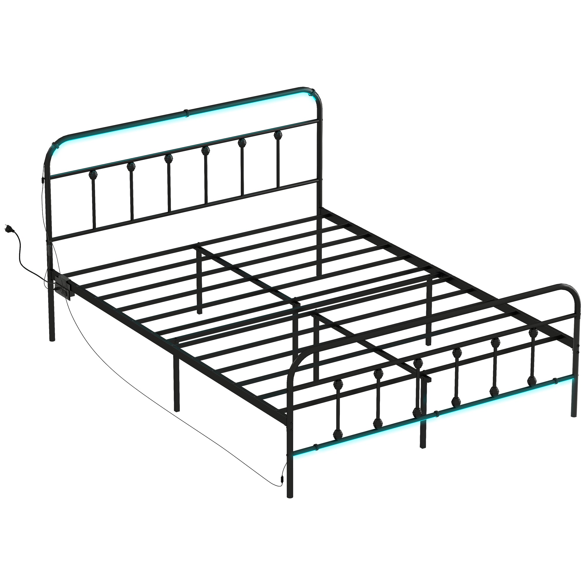 Queen Bed Frame with LED Lights and Charging Station, Metal Platform Bed Frame with Under Bed Storage, Steel Slats, No Box Spring Needed, Noise Free, Easy Assembly, Black