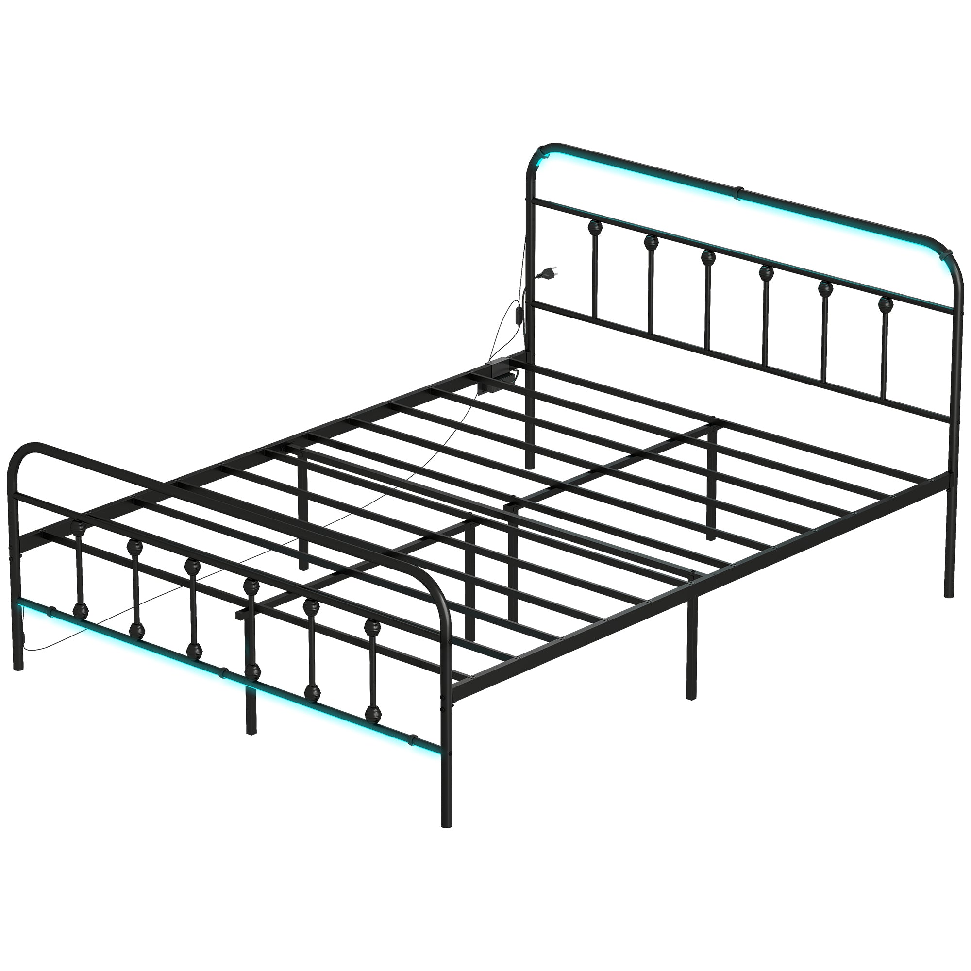Queen Bed Frame with LED Lights and Charging Station, Metal Platform Bed Frame with Under Bed Storage, Steel Slats, No Box Spring Needed, Noise Free, Easy Assembly, Black
