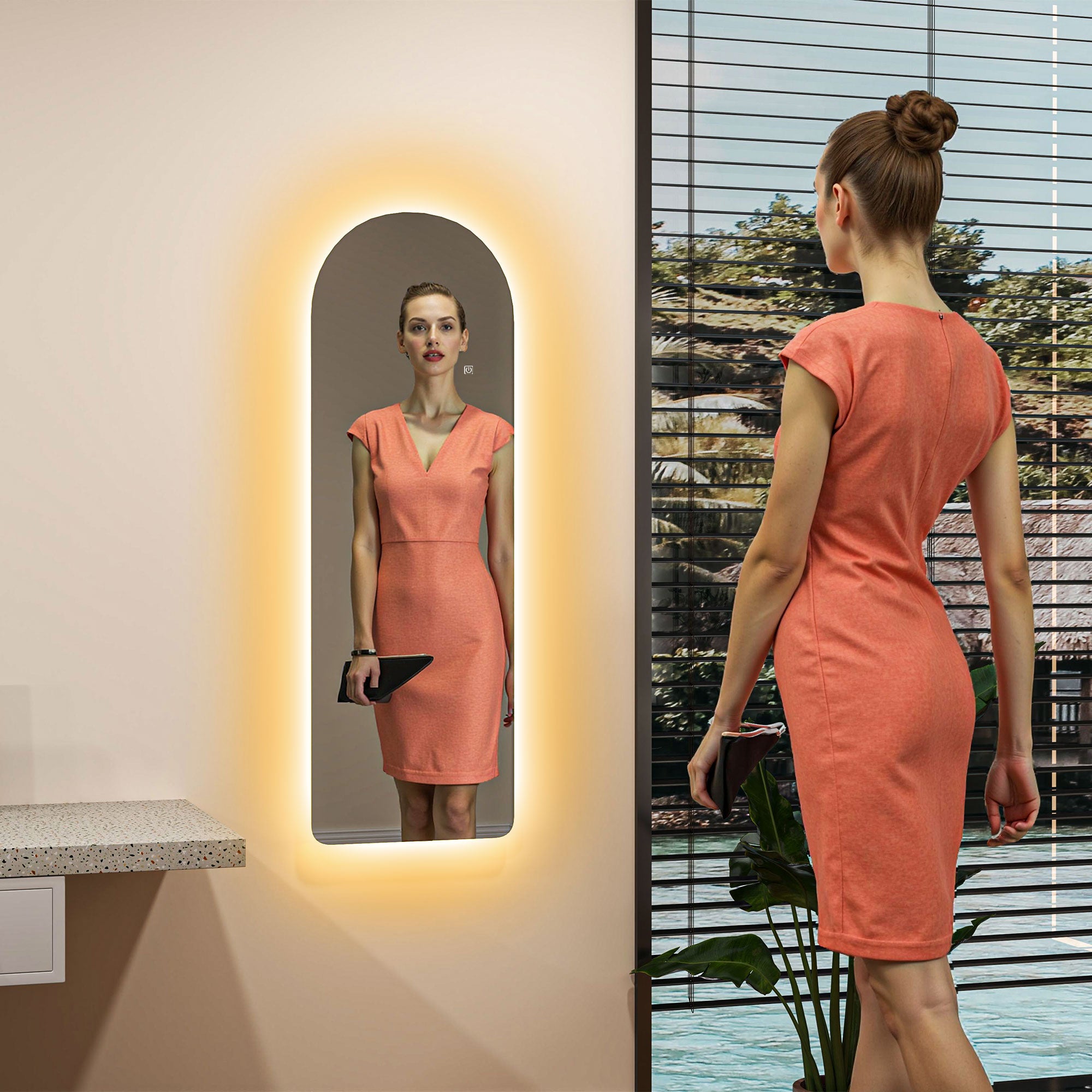 HOMCOM Arched Full Length Mirror with LED Lights, 120 x 40cm Backlit Frameless Wall Mirror with Dimming and 3 Colour Lighting for Living Room, Bedroom, Clear
