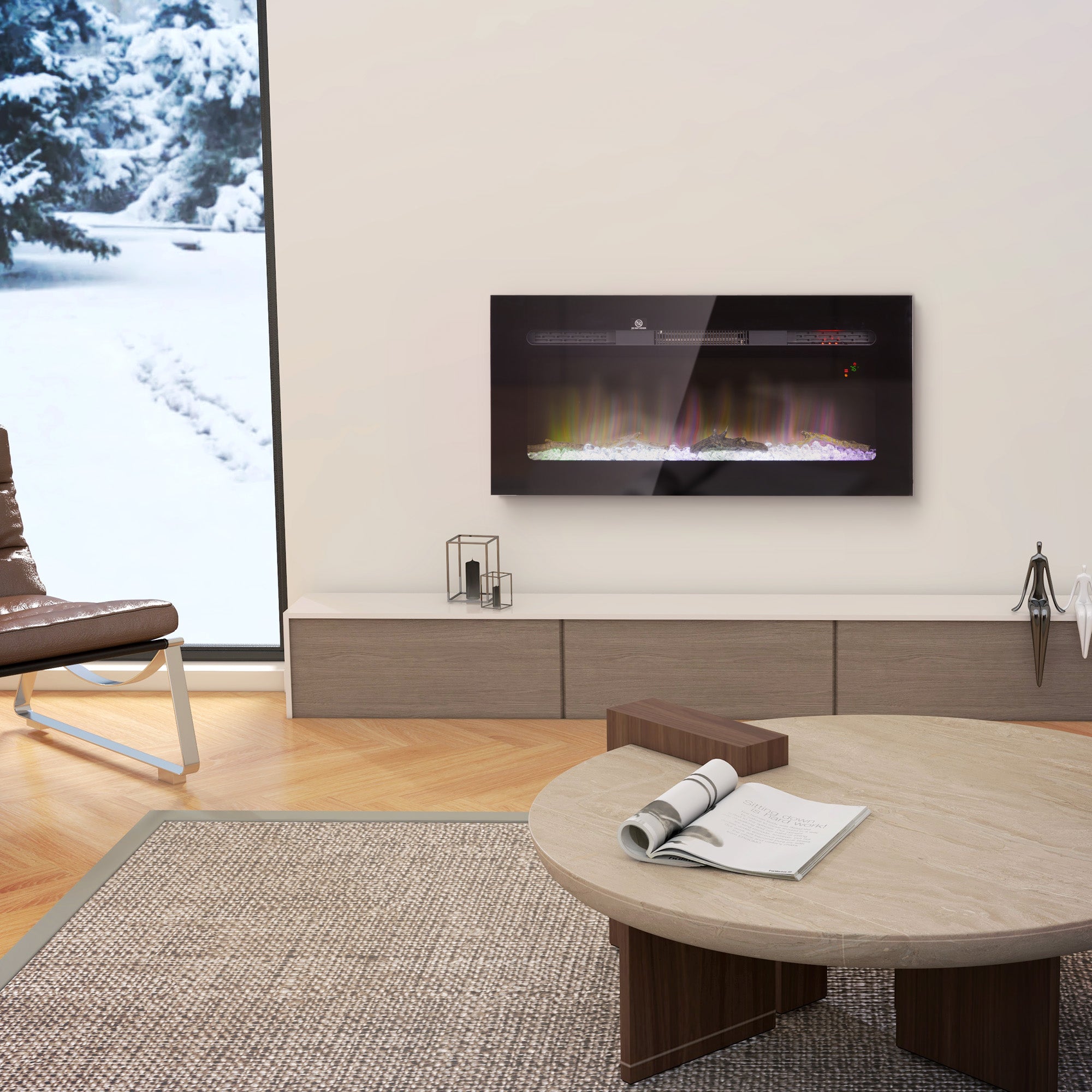 36" Recessed or Wall Mounted Electric Fireplace Heater with Remote Control, Adjustable Flame Color and Brightness