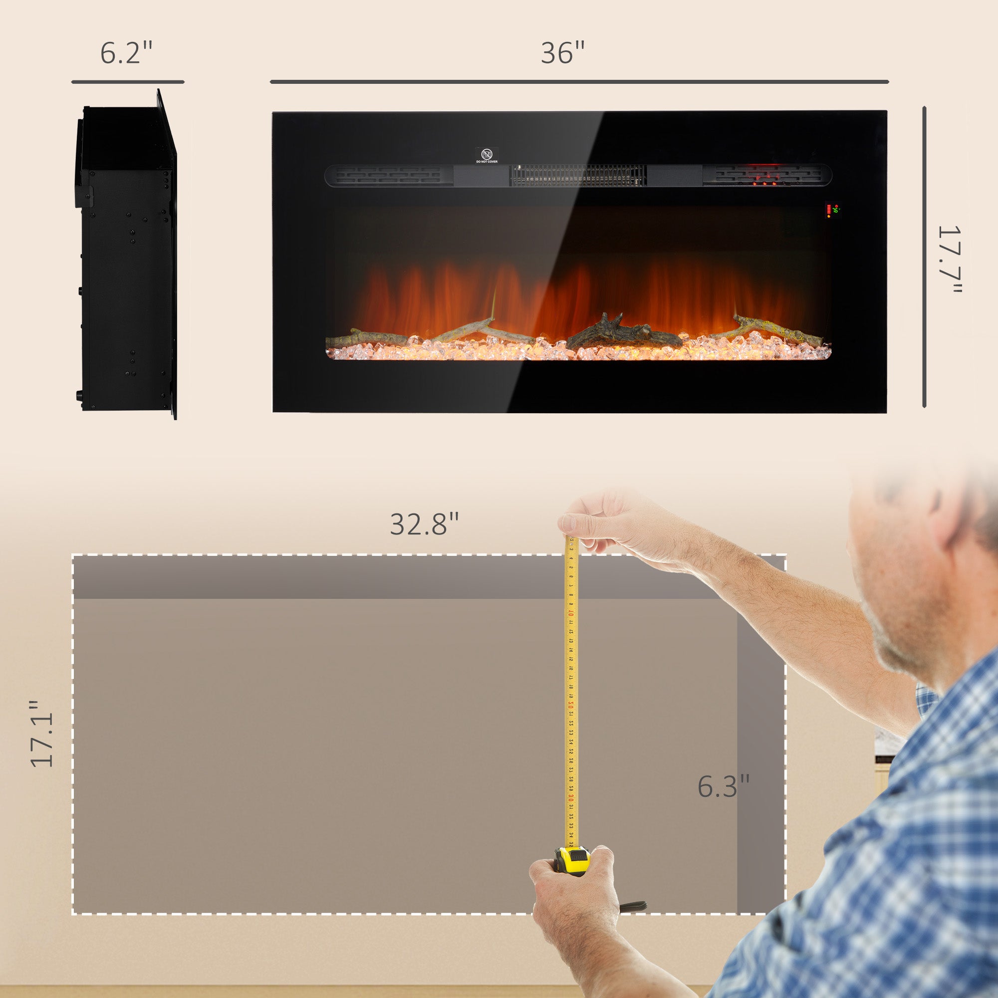 36" Recessed or Wall Mounted Electric Fireplace Heater with Remote Control, Adjustable Flame Color and Brightness