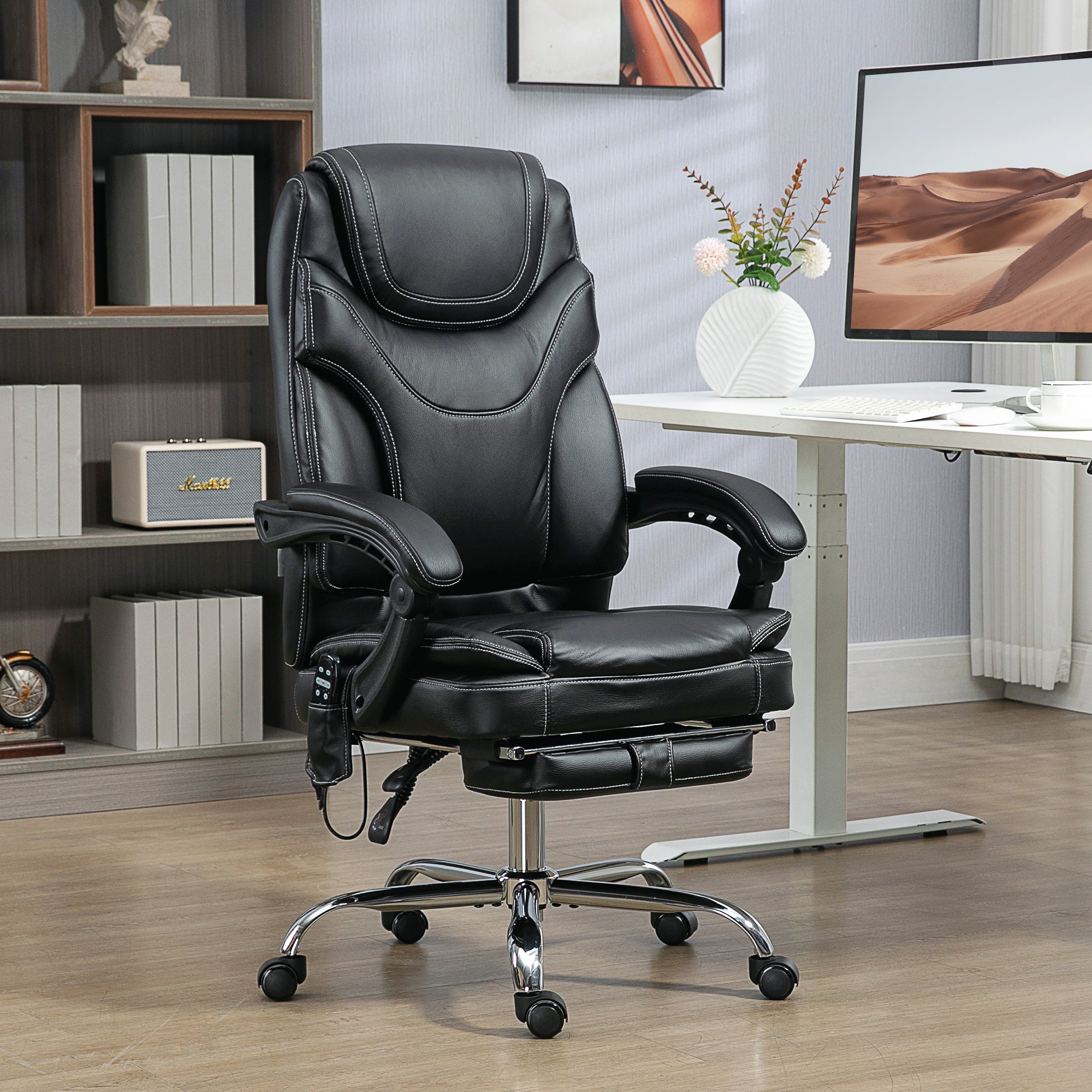 Vinsetto PU Leather Massage Office Chair with 6 Vibration Points, Heated Reclining Computer Desk Chair with Adjustable Height, Footrest, Black