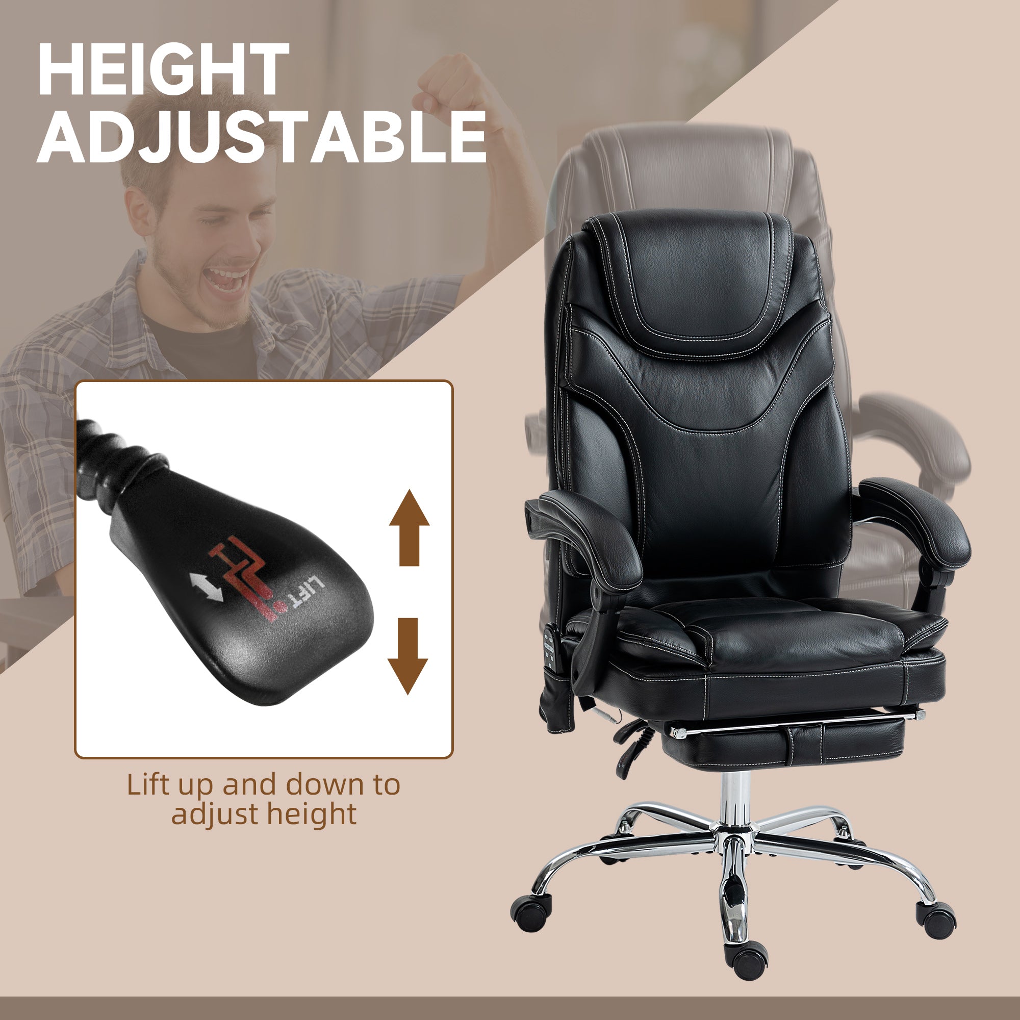 Vinsetto PU Leather Massage Office Chair with 6 Vibration Points, Heated Reclining Computer Desk Chair with Adjustable Height, Footrest, Black