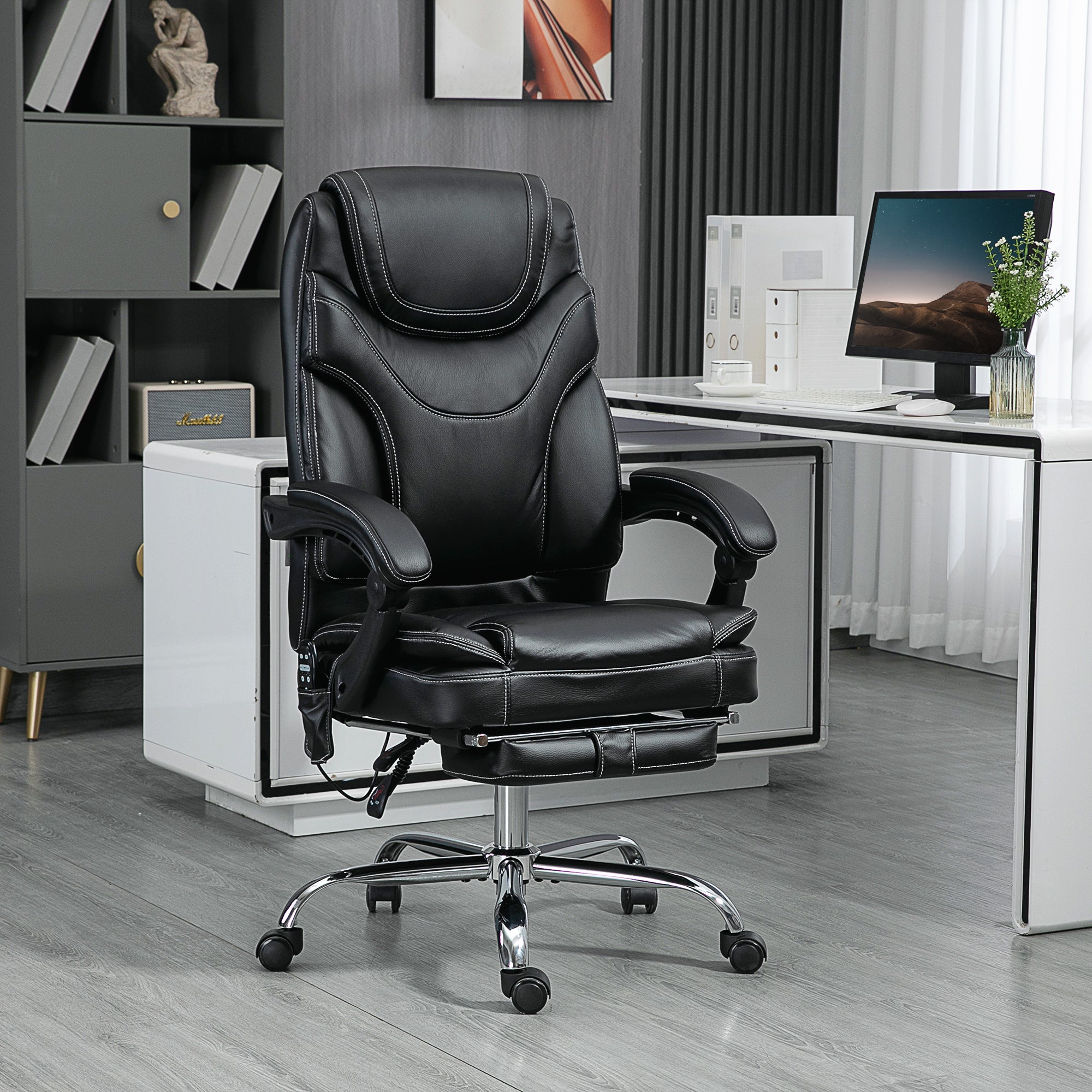 Vinsetto PU Leather Massage Office Chair with 6 Vibration Points, Heated Reclining Computer Desk Chair with Adjustable Height, Footrest, Black