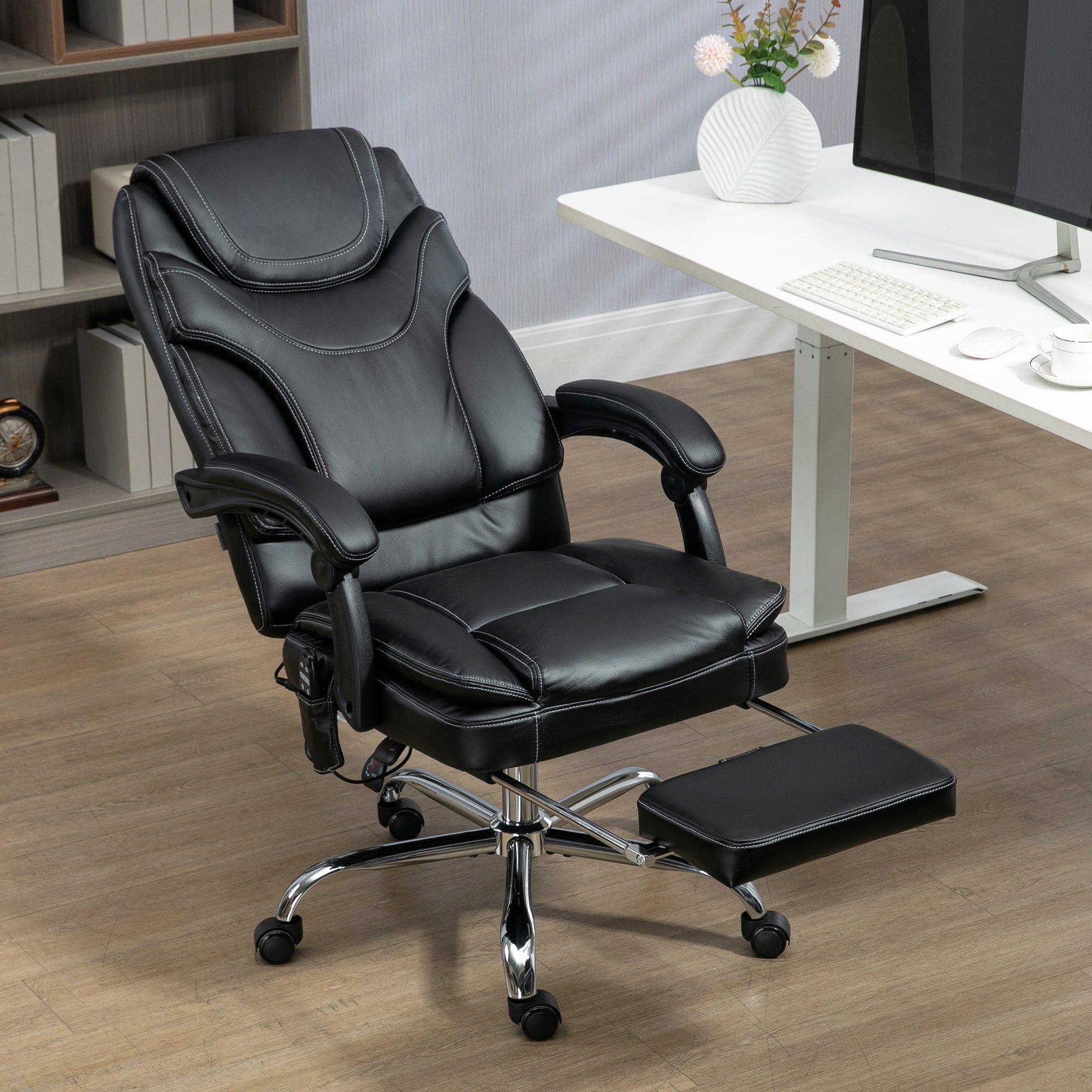 Vinsetto PU Leather Massage Office Chair with 6 Vibration Points, Heated Reclining Computer Desk Chair with Adjustable Height, Footrest, Black