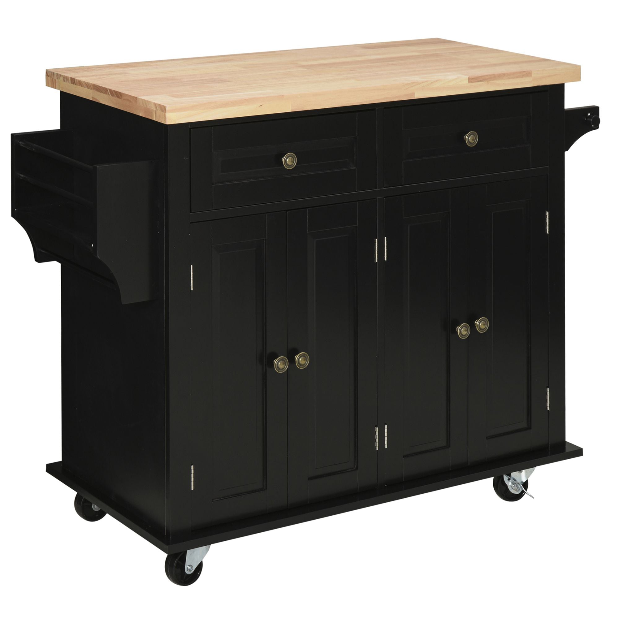 Kitchen Island on Wheels Rolling Cart with Rubberwood Top Spice Rack Towel Rack and Drawers Black