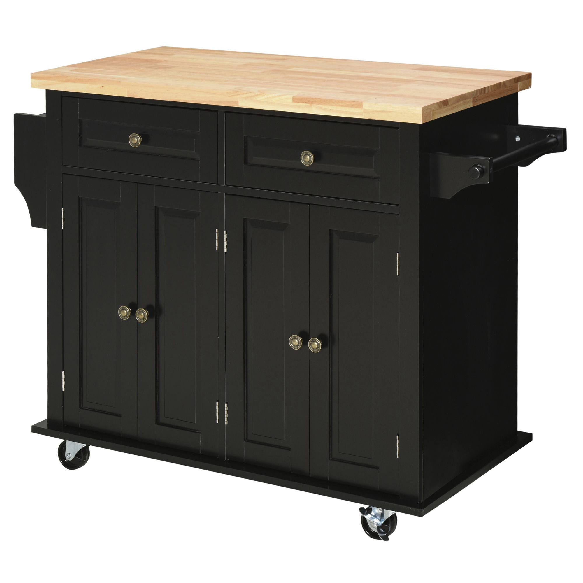 HOMCOM Kitchen Island on Wheels, Rolling Cart with Rubber wood Top, Spice Rack, Towel Rack and Drawers, Black