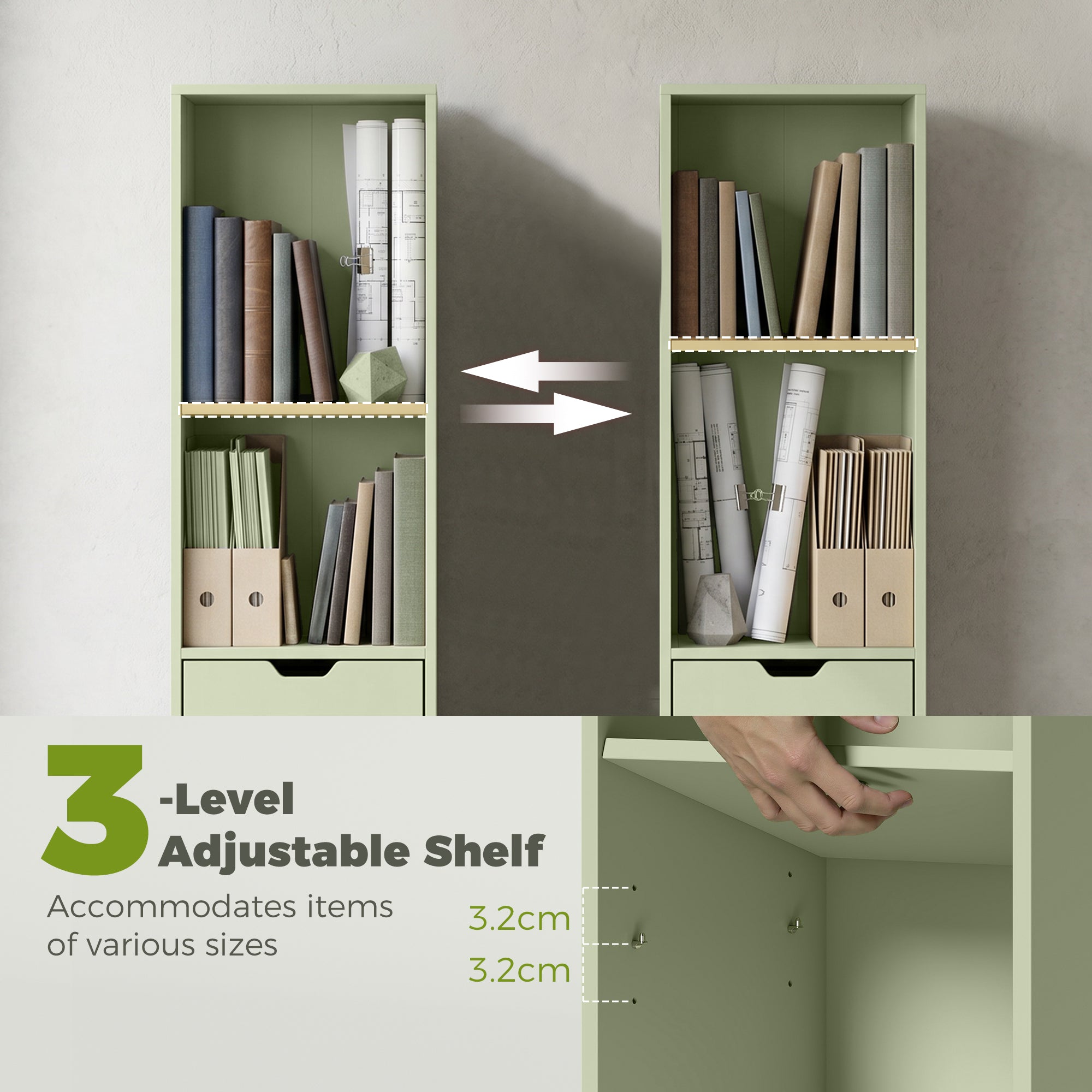 6-Tier Bookcase, Tall Narrow Bookshelf with Drawer, Door, Adjustable Shelf, Modern Display Standing Shelving Unit for Living Room, Home Office, Bedroom, 30 x 24 x 158 cm, Green