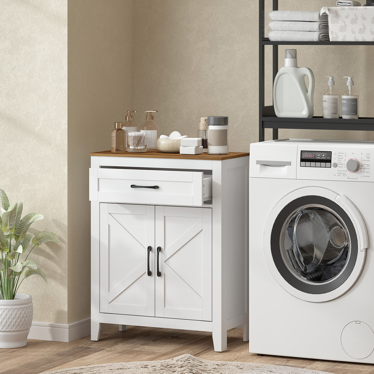 Bathroom Cabinet, Farmhouse Bathroom Storage Cabinet with Barn Doors, Drawer and Adjustable Shelf, White
