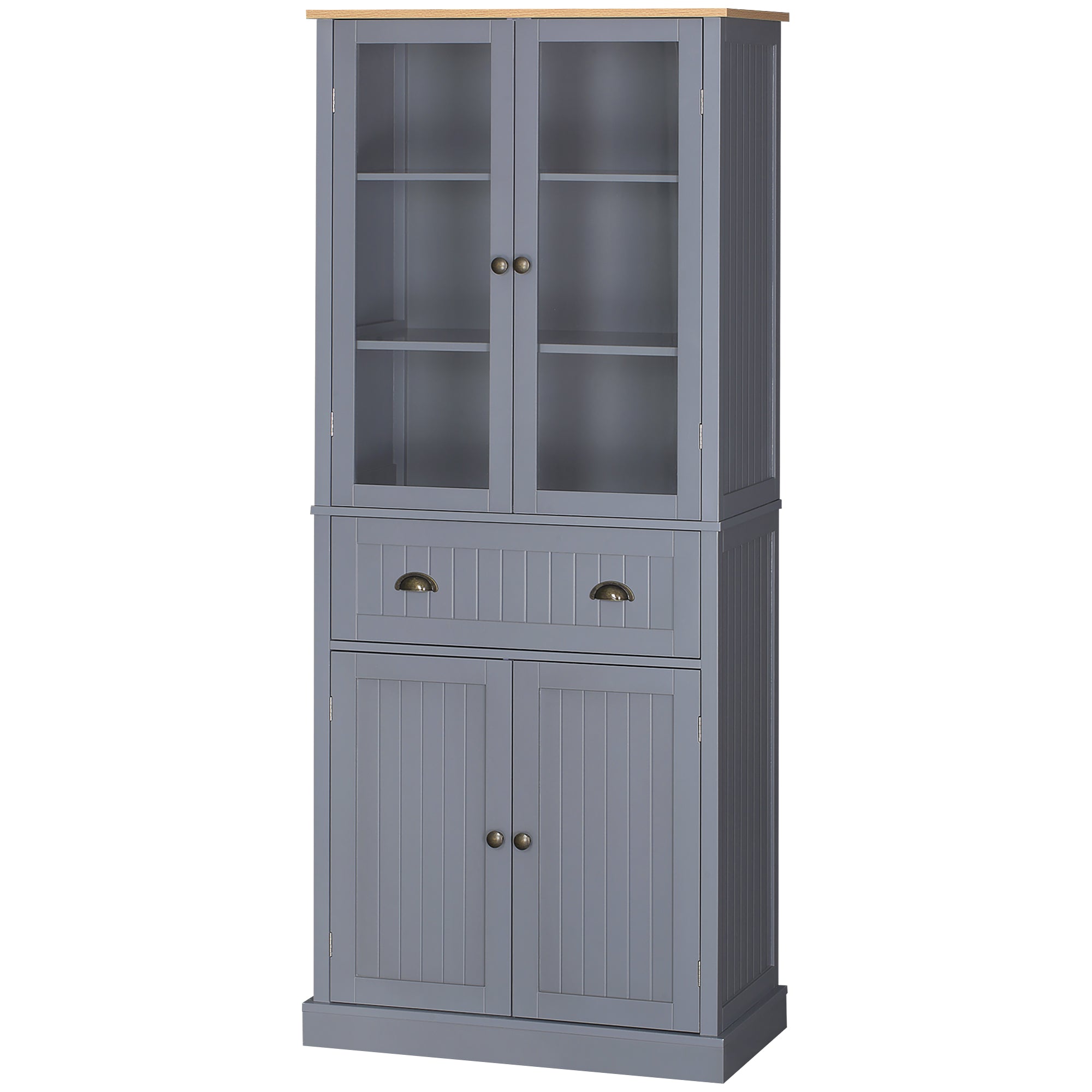 72" Freestanding Kitchen Pantry Cabinet Tall Storage with Glass Doors Drawer and Adjustable Shelves Grey