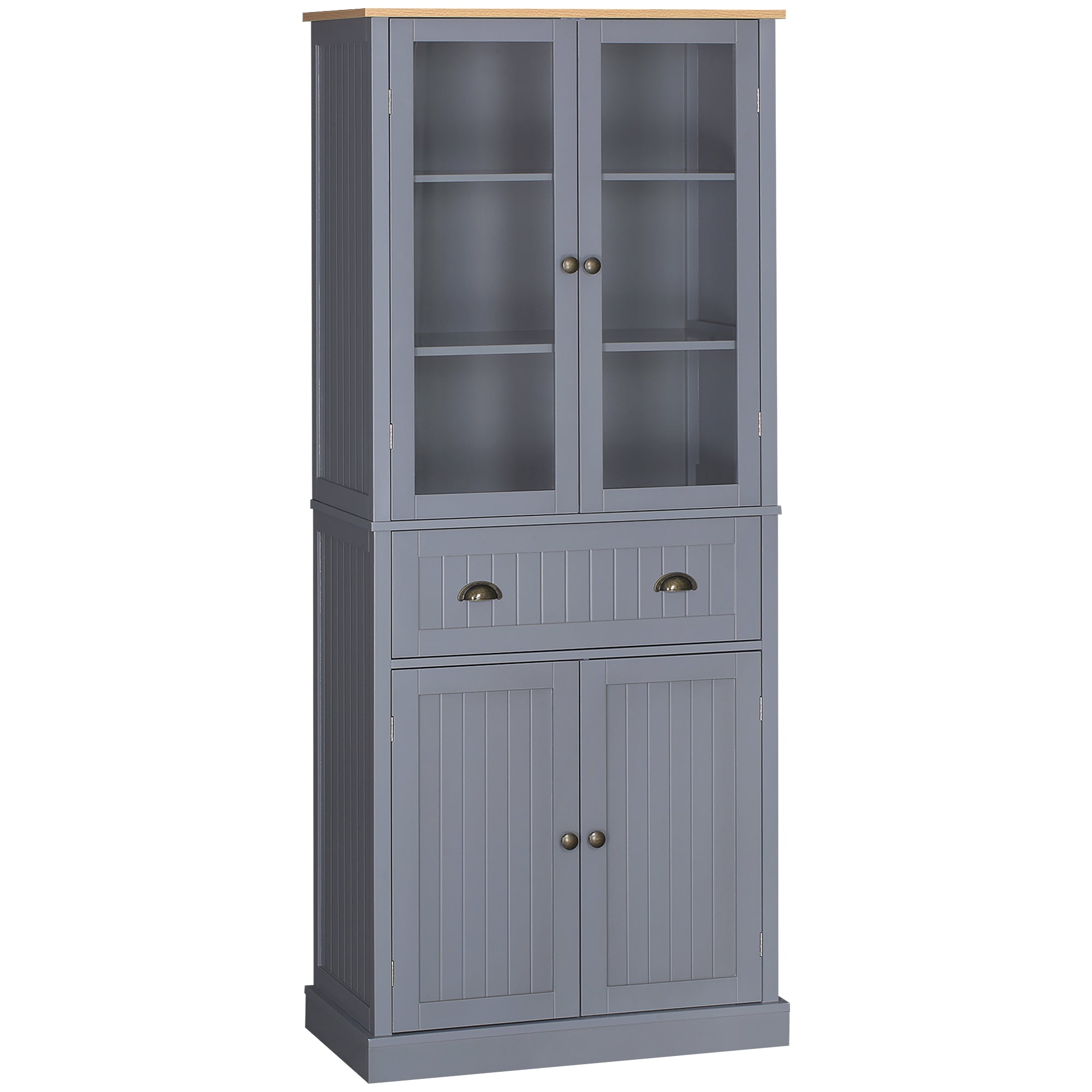 72" Freestanding Kitchen Pantry Cabinet Tall Storage with Glass Doors Drawer and Adjustable Shelves Grey