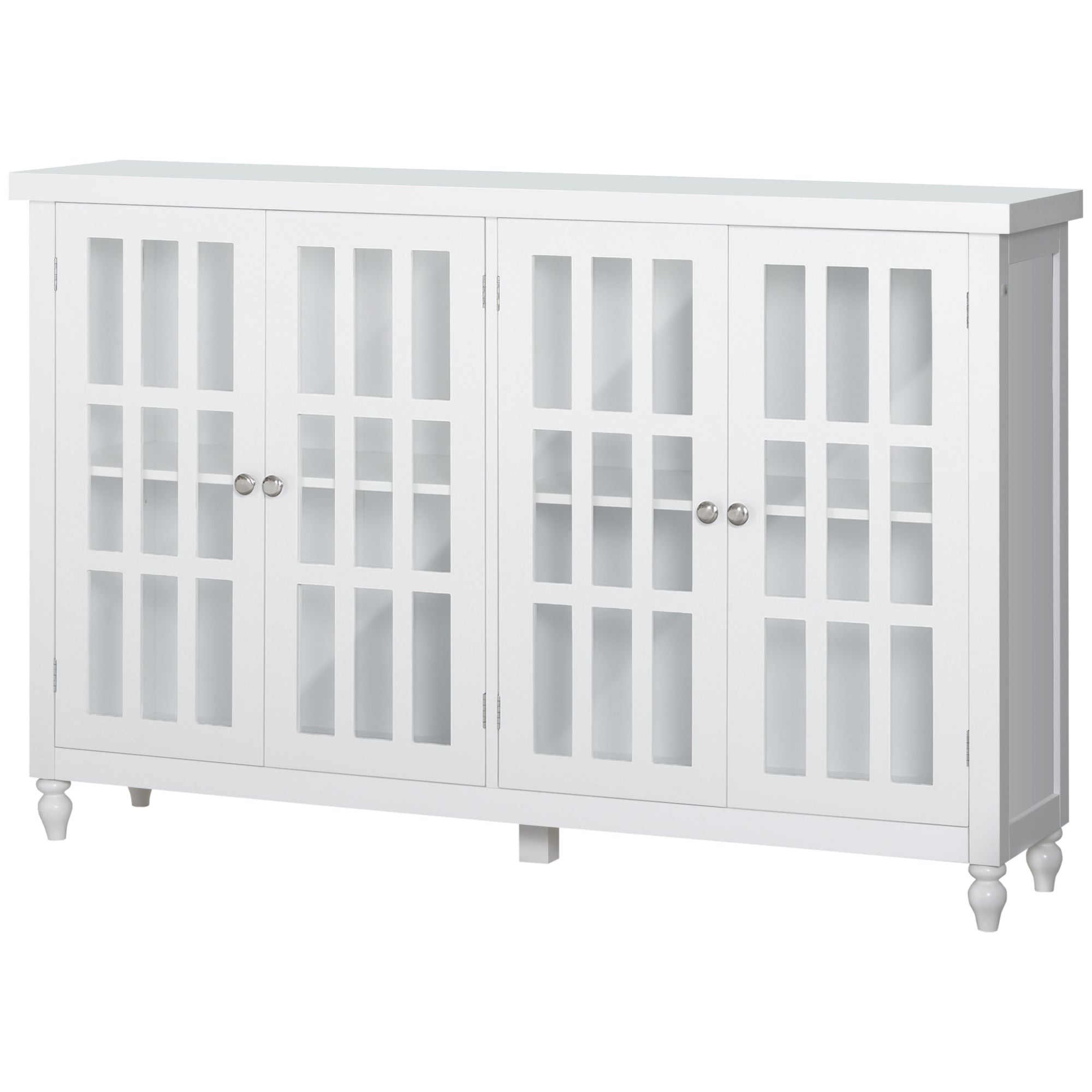 Sideboard Buffet Cabinet with 4 Tempered Glass Doors Stripe Pattern and Adjustable Storage Shelf White