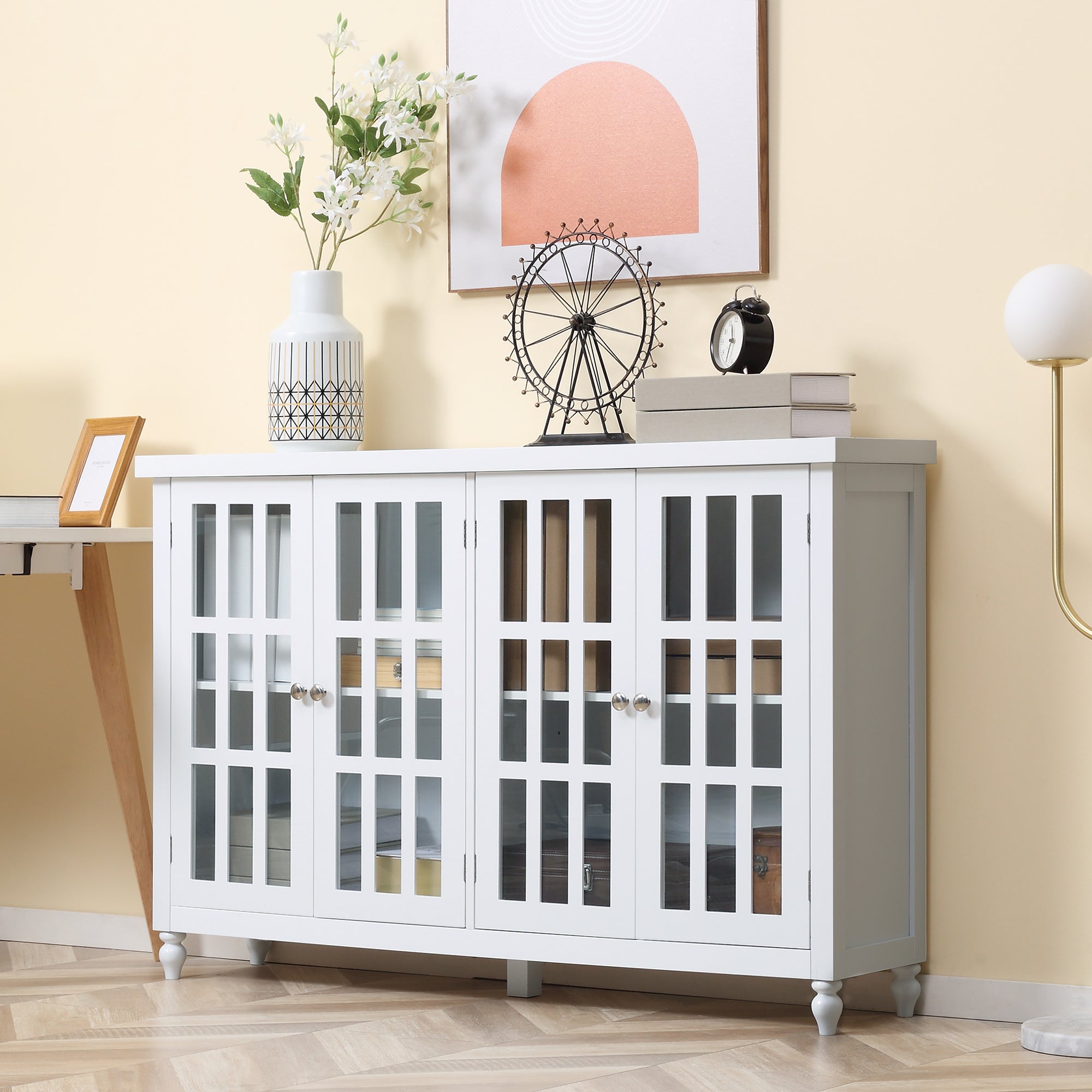 Sideboard Buffet Cabinet with 4 Tempered Glass Doors Stripe Pattern and Adjustable Storage Shelf White