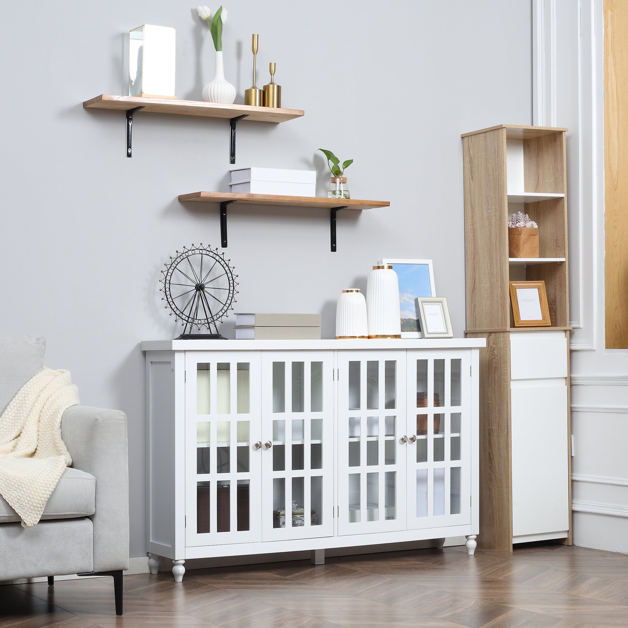 Sideboard Buffet Cabinet with 4 Tempered Glass Doors Stripe Pattern and Adjustable Storage Shelf White