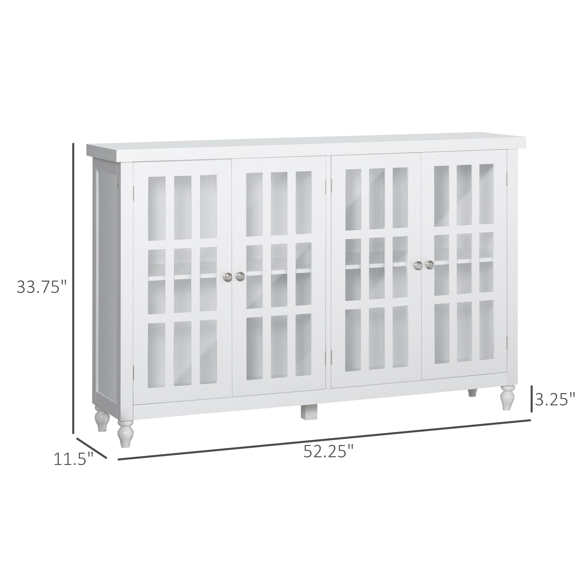 Sideboard Buffet Cabinet with 4 Tempered Glass Doors Stripe Pattern and Adjustable Storage Shelf White