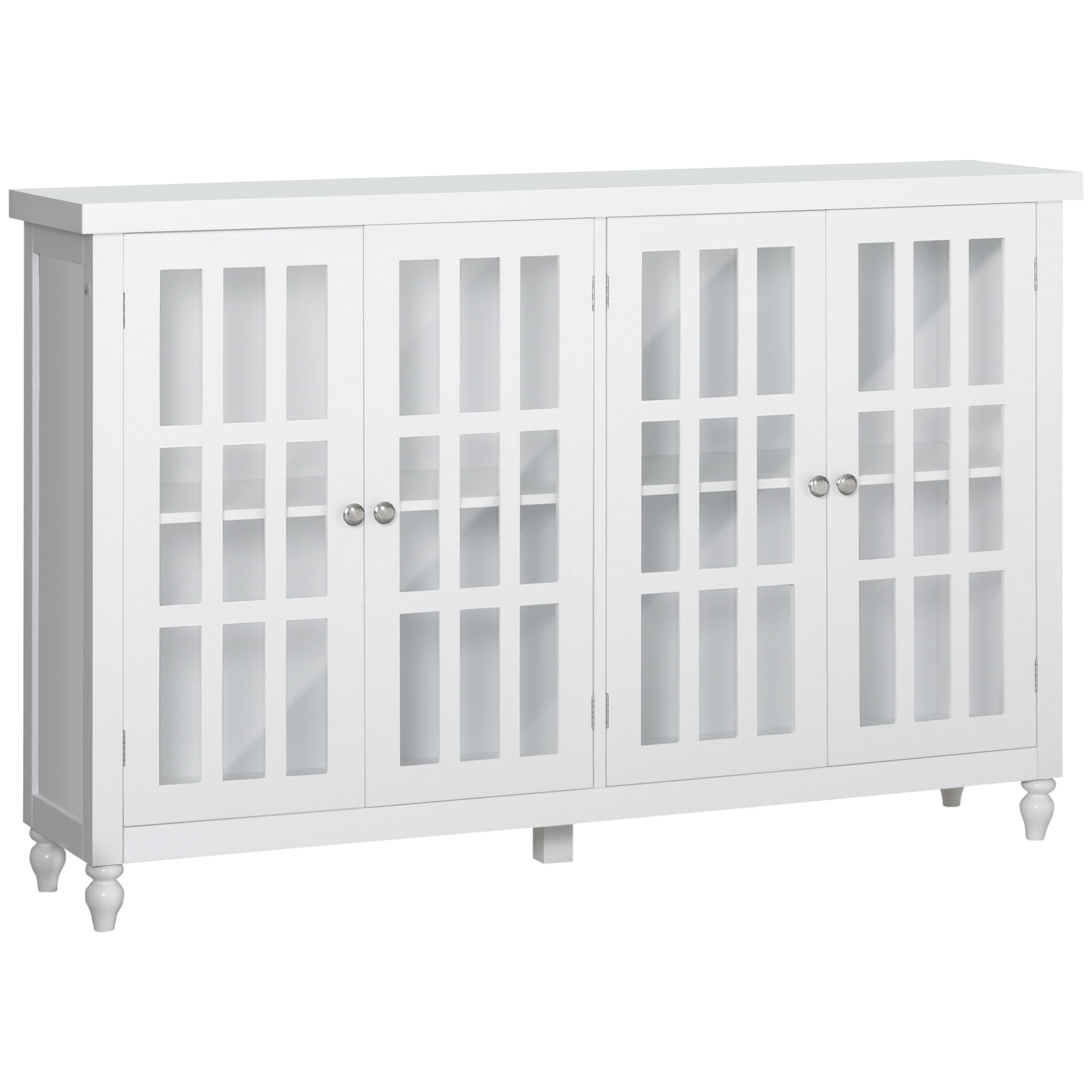 Sideboard Buffet Cabinet with 4 Tempered Glass Doors Stripe Pattern and Adjustable Storage Shelf White