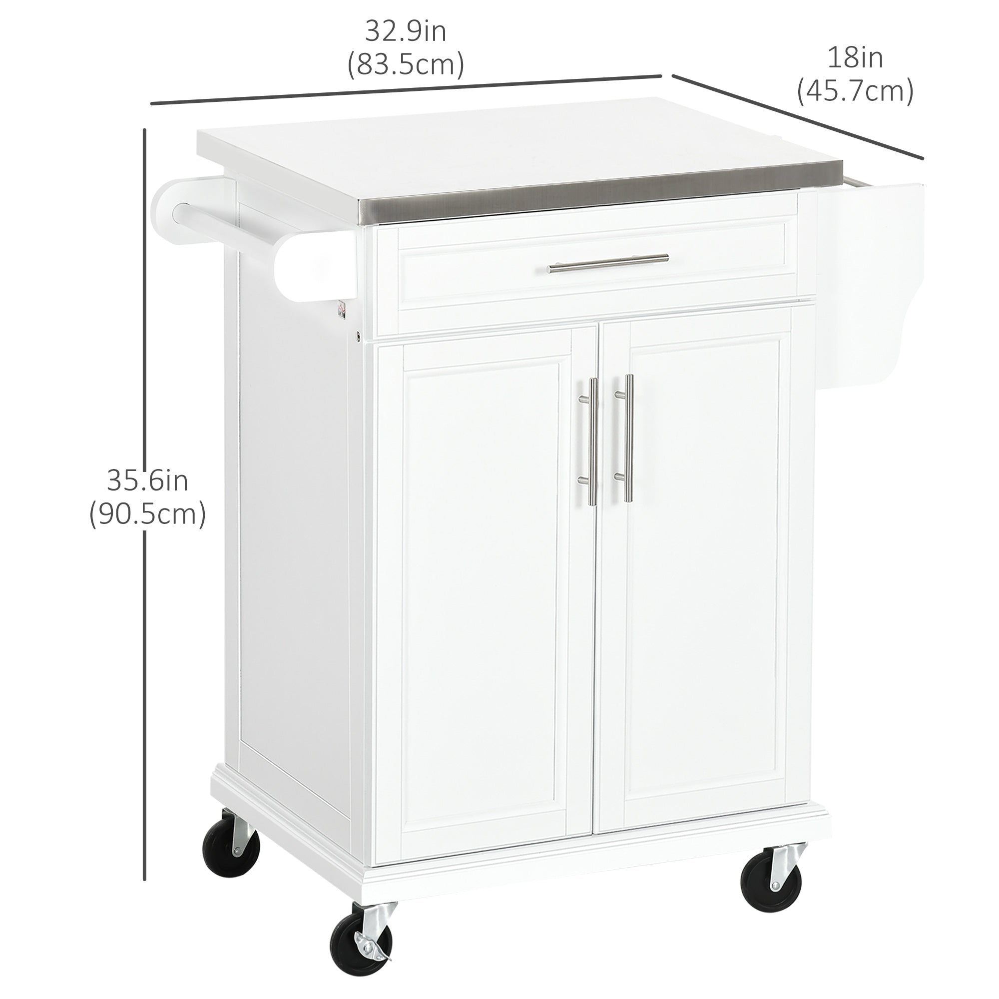 HOMCOM Kitchen Island with Stainless Steel Top, Rolling Kitchen Cart on Wheels with Storage Drawer, Cabinet, Towel Rack and Spice Rack (White)