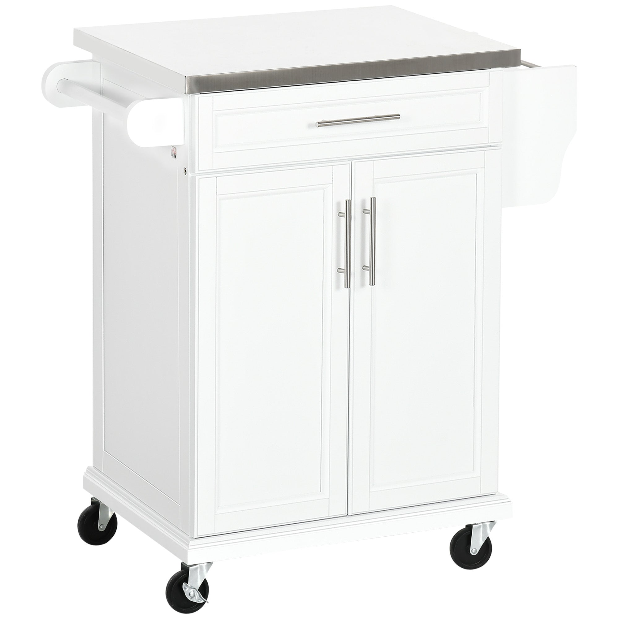 HOMCOM Kitchen Island with Stainless Steel Top, Rolling Kitchen Cart on Wheels with Storage Drawer, Cabinet, Towel Rack and Spice Rack (White)