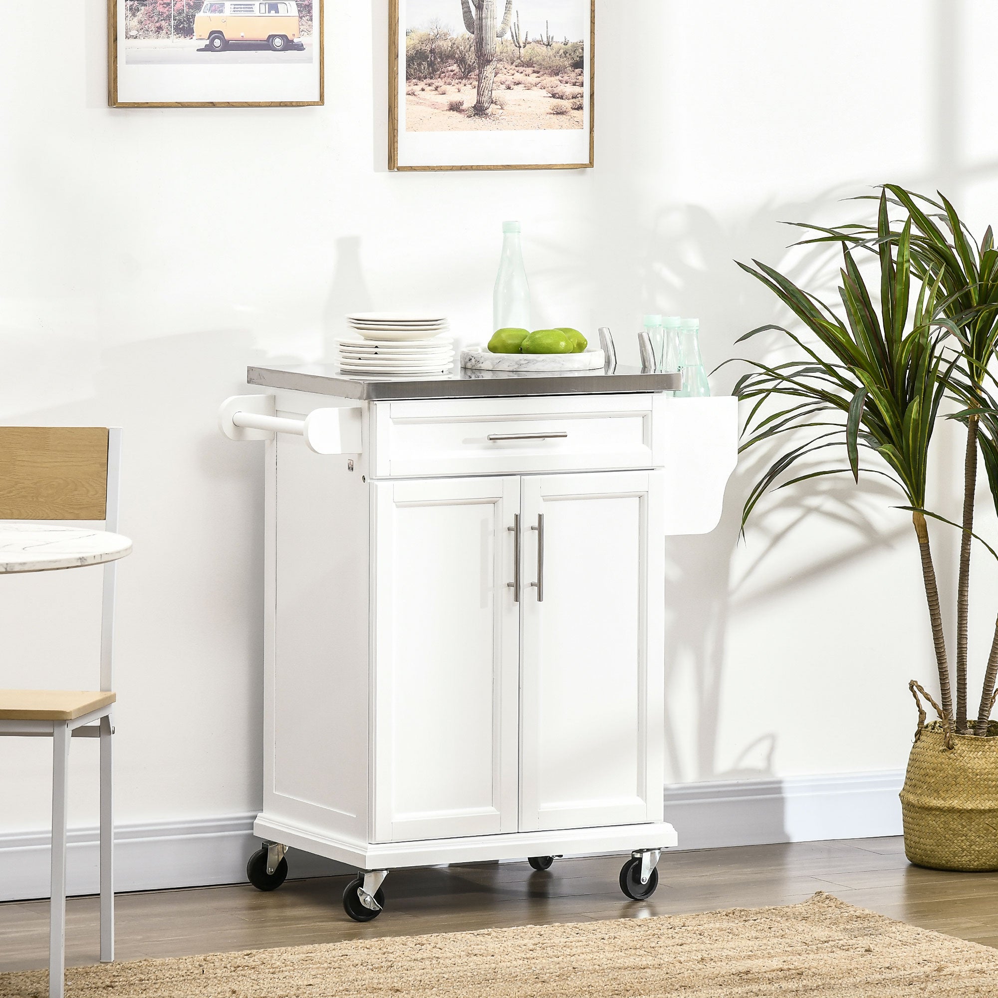 HOMCOM Kitchen Island with Stainless Steel Top, Rolling Kitchen Cart on Wheels with Storage Drawer, Cabinet, Towel Rack and Spice Rack (White)