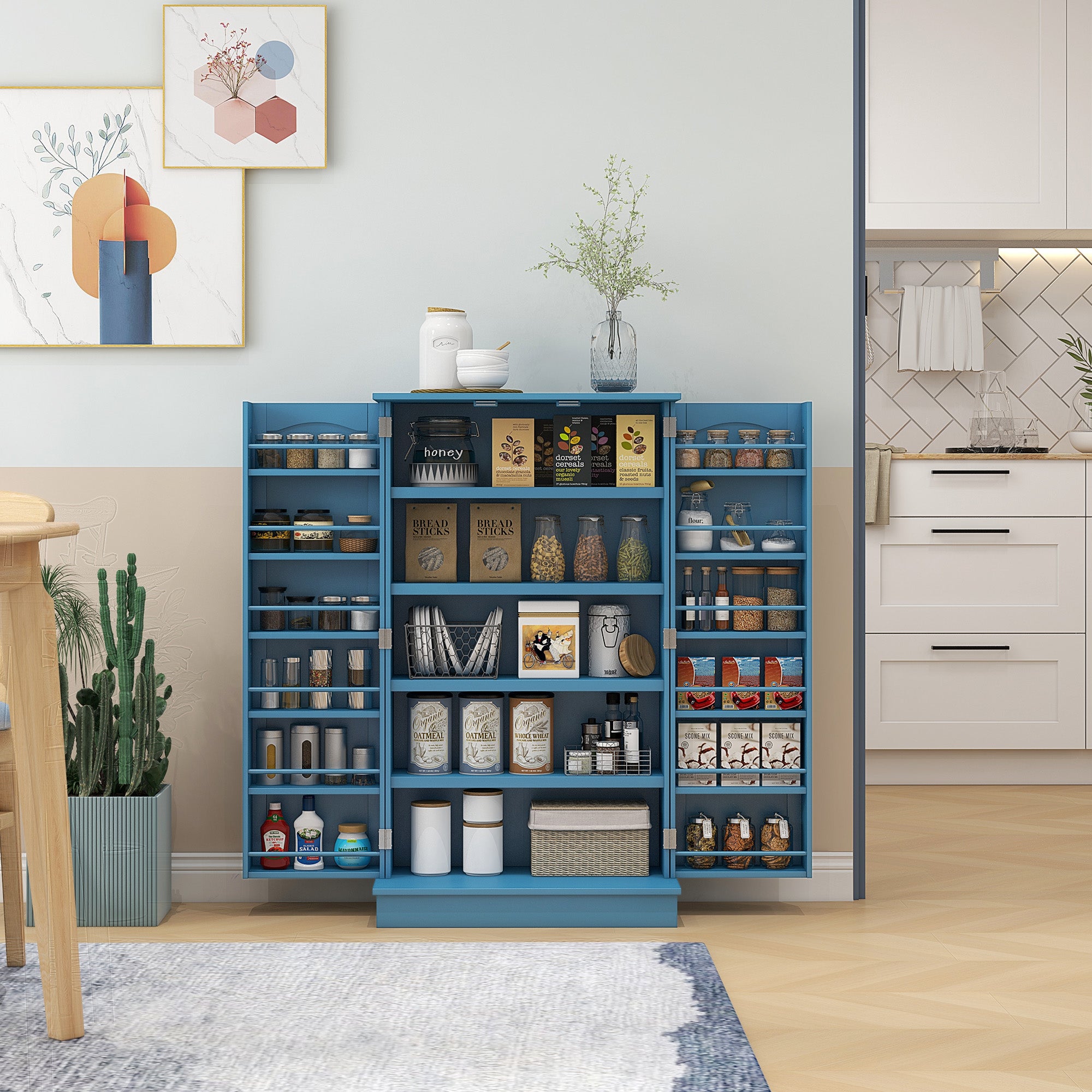 41" Kitchen Pantry Cabinet w/ 12 Door Shelves, Double Doors, 5-tier Shelving, Blue - HOMCOM