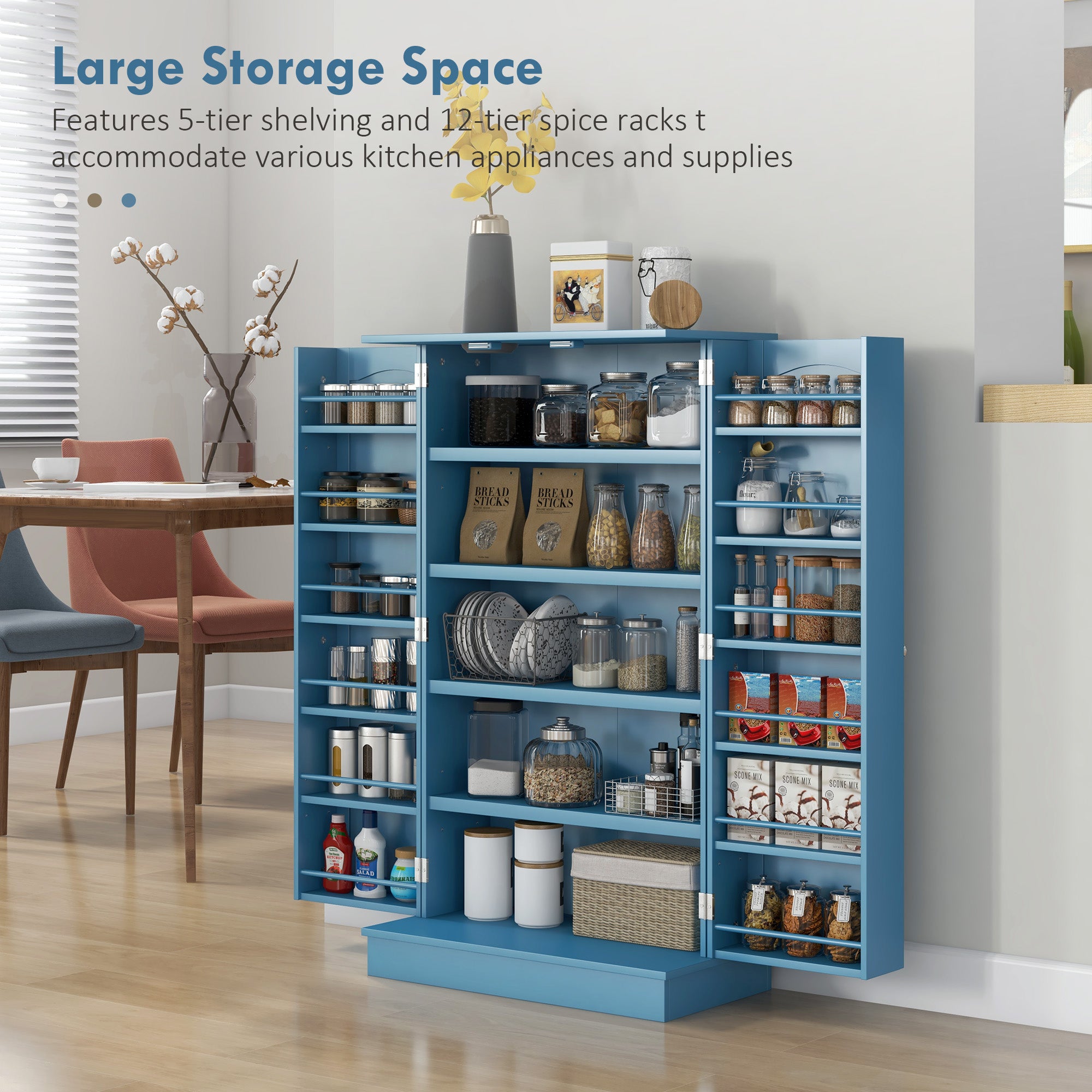 41" Kitchen Pantry Cabinet w/ 12 Door Shelves, Double Doors, 5-tier Shelving, Blue - HOMCOM