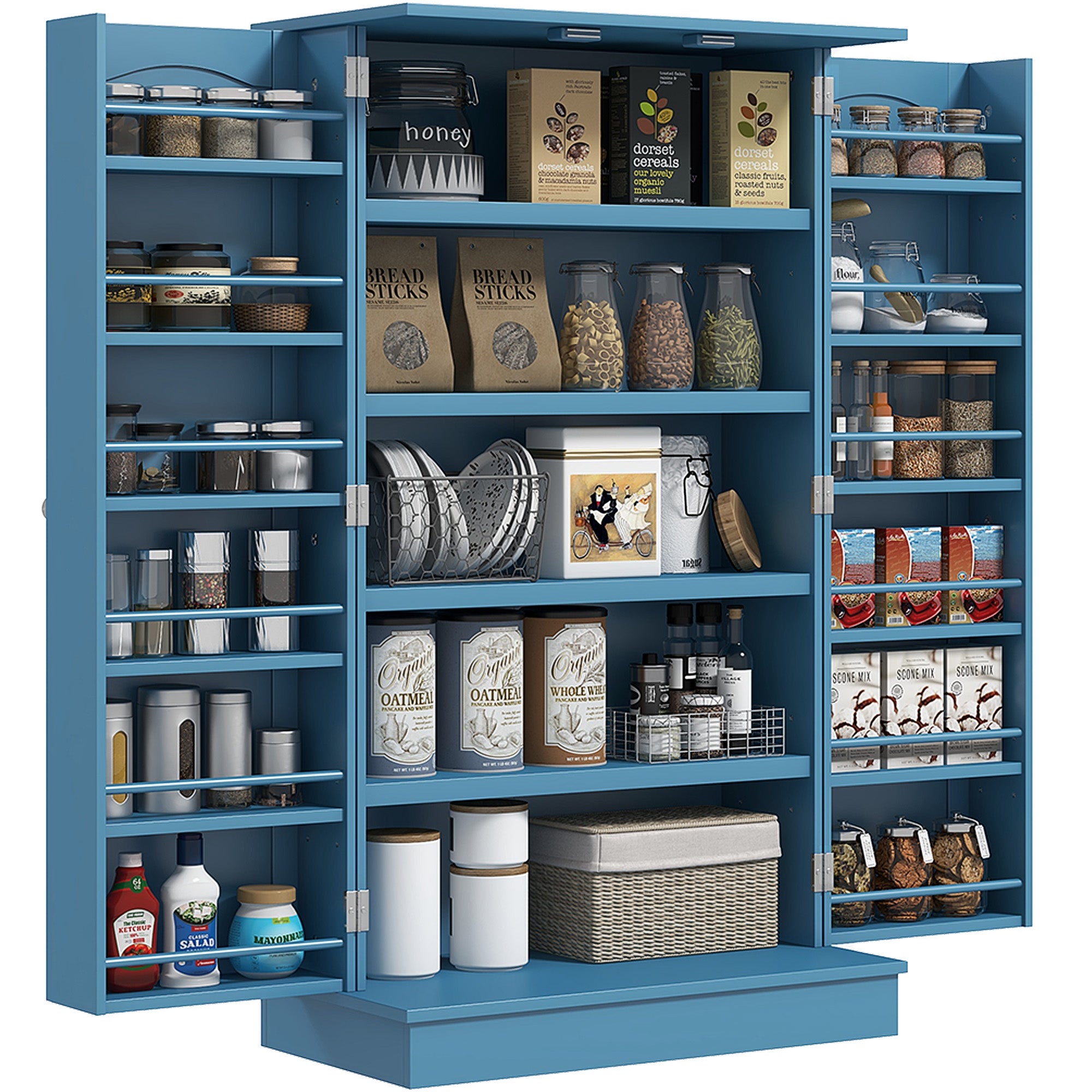 Freestanding Kitchen Pantry Cabinet, Kitchen Cabinet with 12 Door Shelves, Double Doors, 5-tier Shelving, Blue