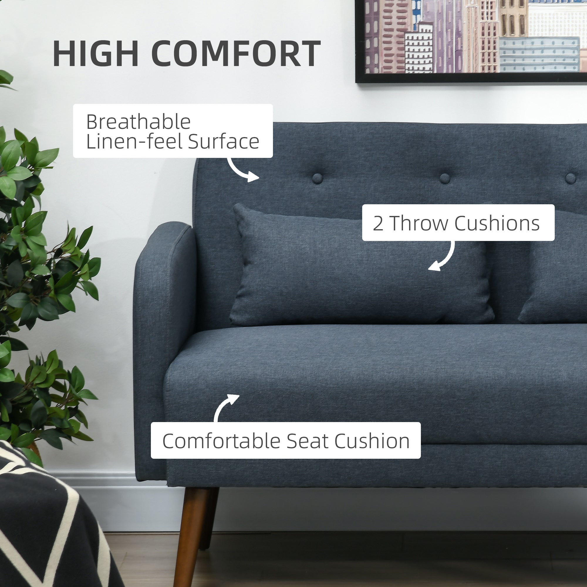 HOMCOM 53" Loveseat Sofa for Bedroom, Modern Tufted Love Seats Furniture, Upholstered 2 Seater Couch with Throw Cushions, Solid Wood Frame, Dark Blue