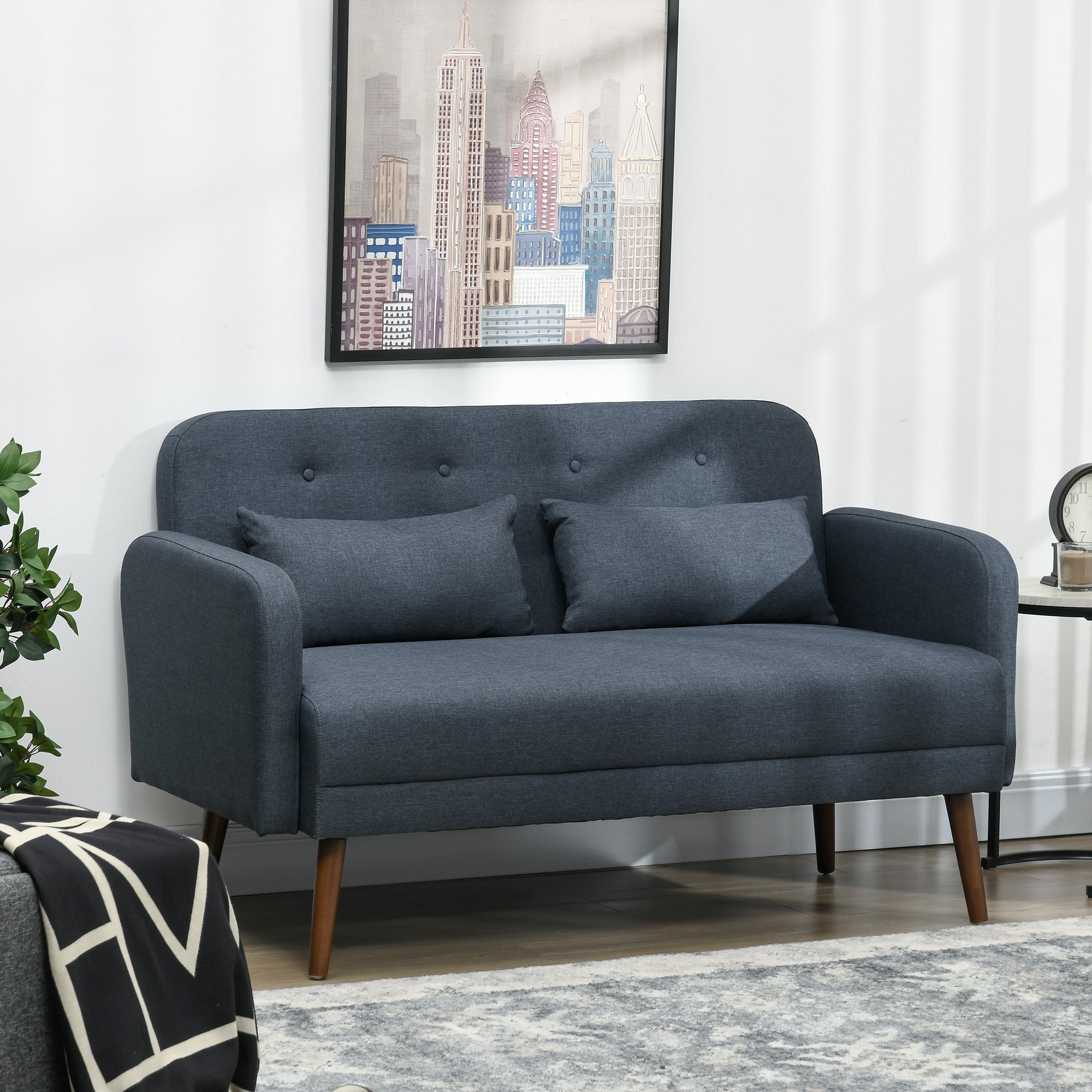 HOMCOM 53" Loveseat Sofa for Bedroom, Modern Tufted Love Seats Furniture, Upholstered 2 Seater Couch with Throw Cushions, Solid Wood Frame, Dark Blue