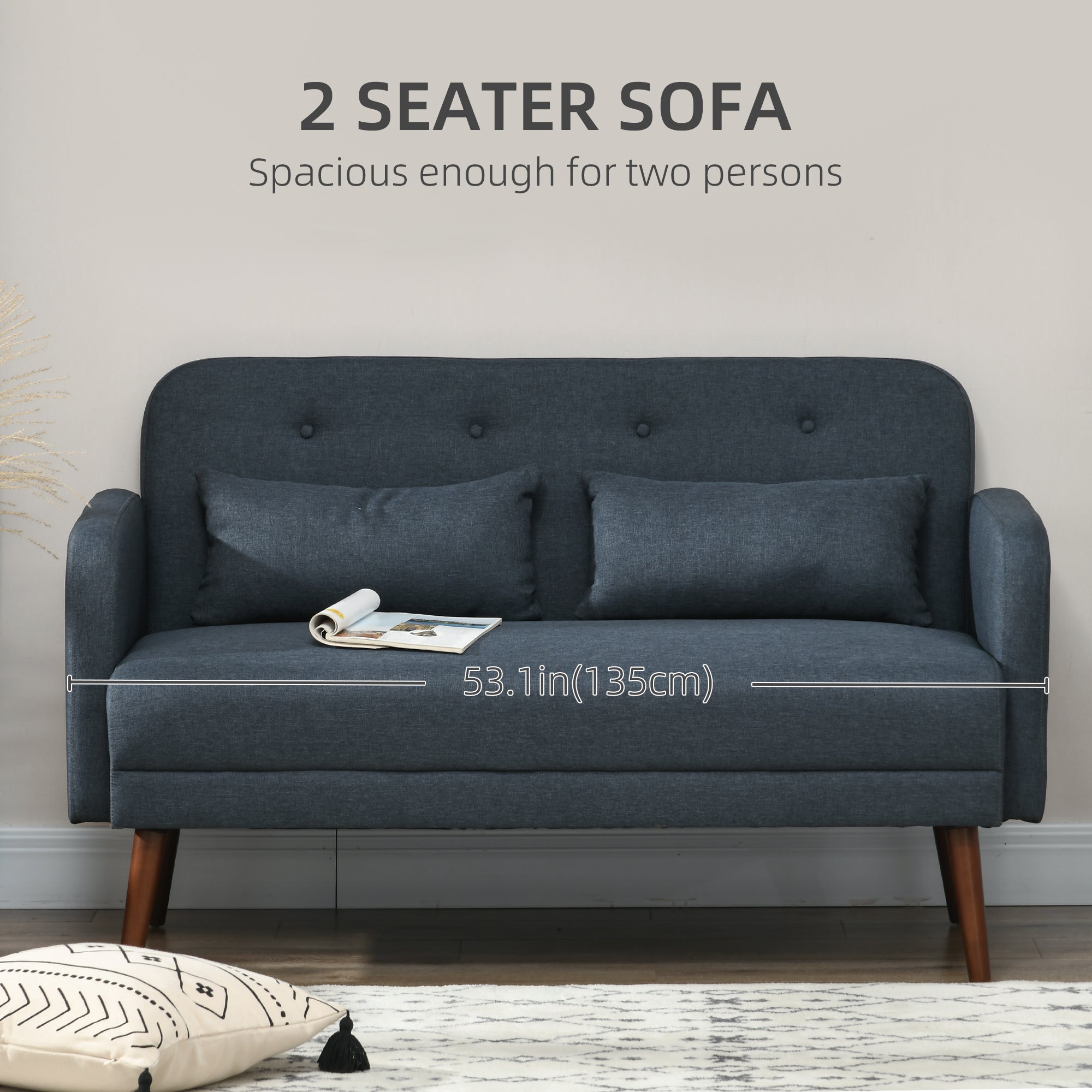 HOMCOM 53" Loveseat Sofa for Bedroom, Modern Tufted Love Seats Furniture, Upholstered 2 Seater Couch with Throw Cushions, Solid Wood Frame, Dark Blue