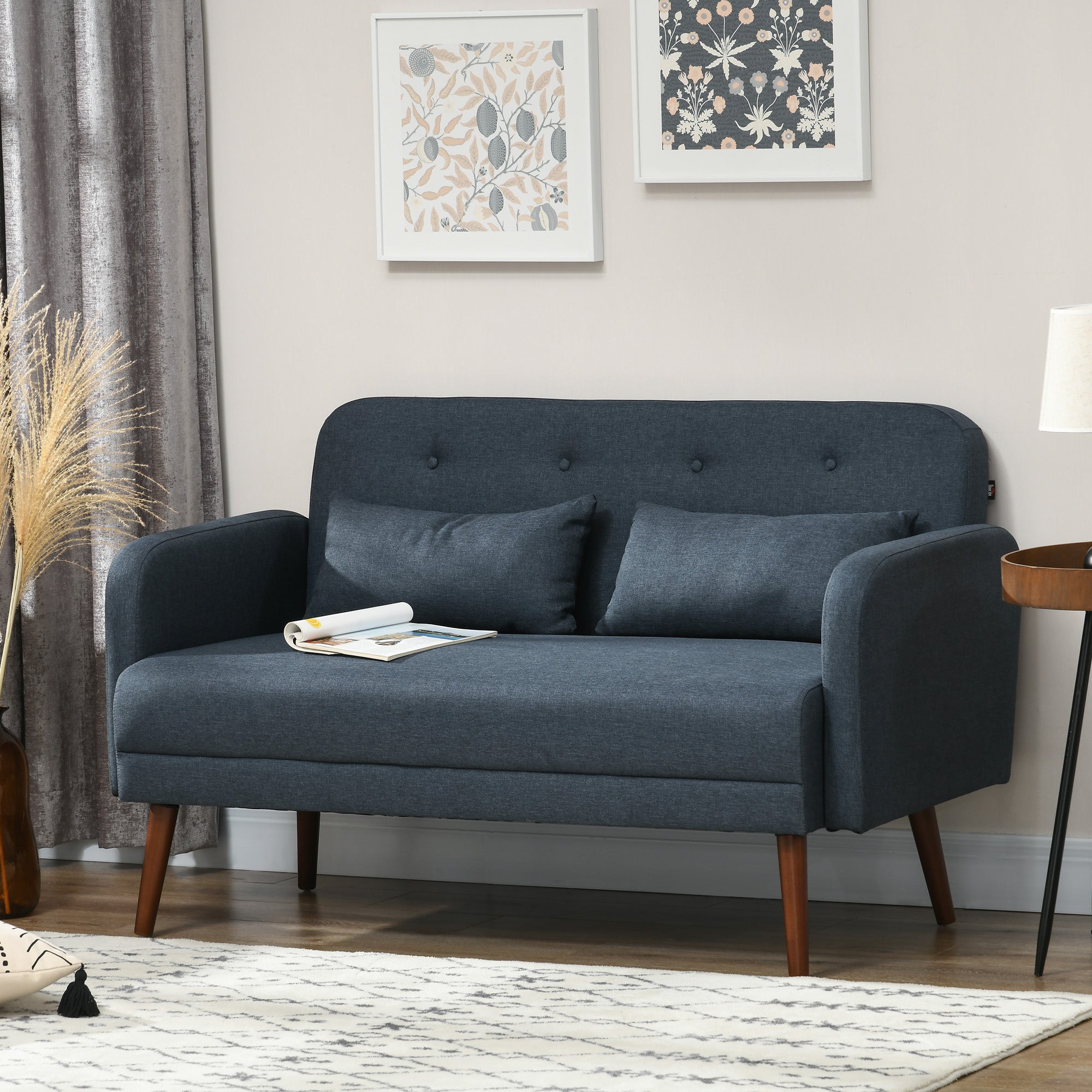 HOMCOM 53" Loveseat Sofa for Bedroom, Modern Tufted Love Seats Furniture, Upholstered 2 Seater Couch with Throw Cushions, Solid Wood Frame, Dark Blue