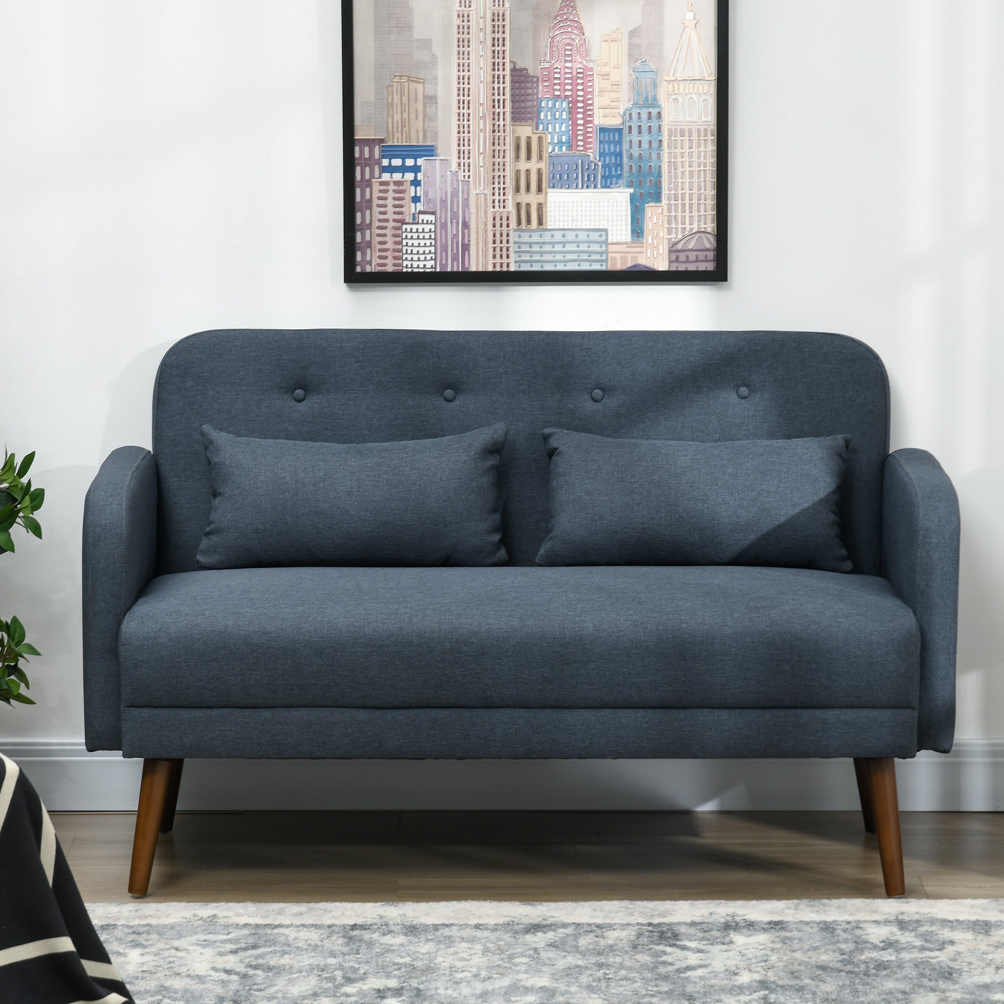 HOMCOM 53" Loveseat Sofa for Bedroom, Modern Tufted Love Seats Furniture, Upholstered 2 Seater Couch with Throw Cushions, Solid Wood Frame, Dark Blue