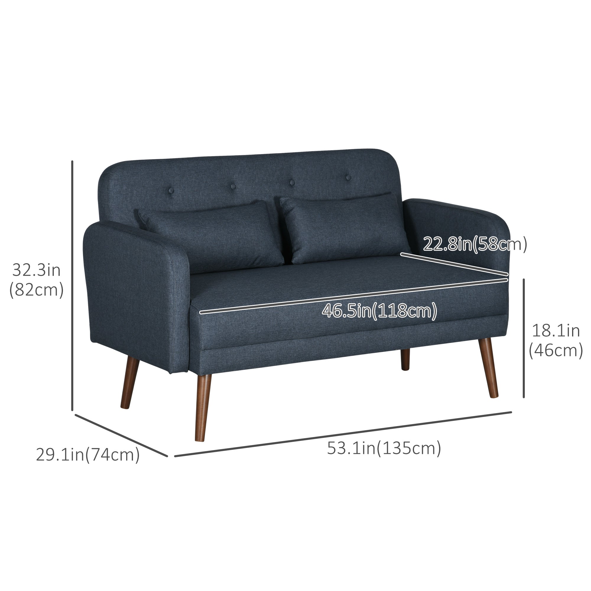 HOMCOM 53" Loveseat Sofa for Bedroom, Modern Tufted Love Seats Furniture, Upholstered 2 Seater Couch with Throw Cushions, Solid Wood Frame, Dark Blue