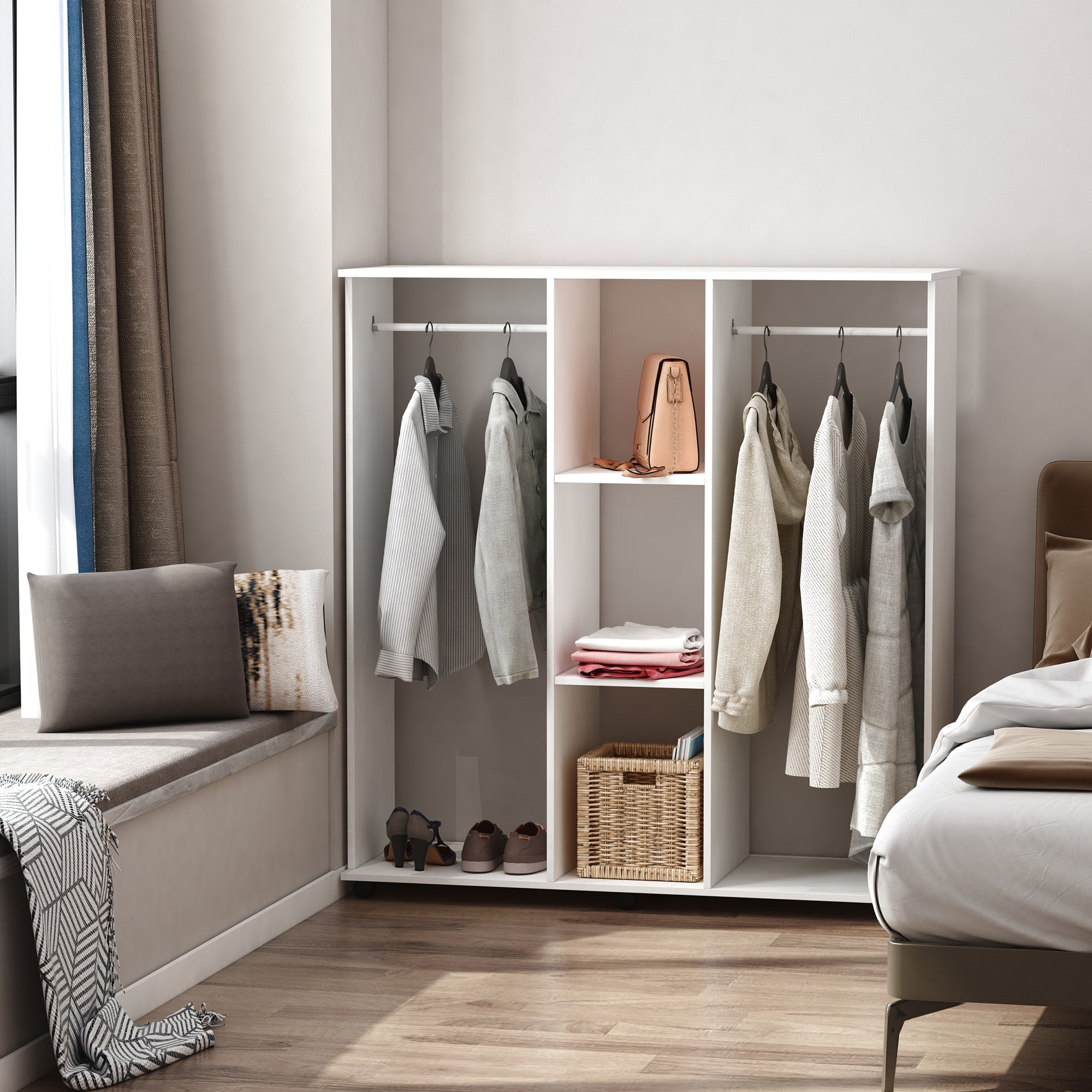 HOMCOM Double Open Wardrobe on Wheels, Bedroom Wardrobe with Clothes Hanging Rails, 3 Storage Shelves, Mobile Garment Rack for Cloakroom, Hallway, White