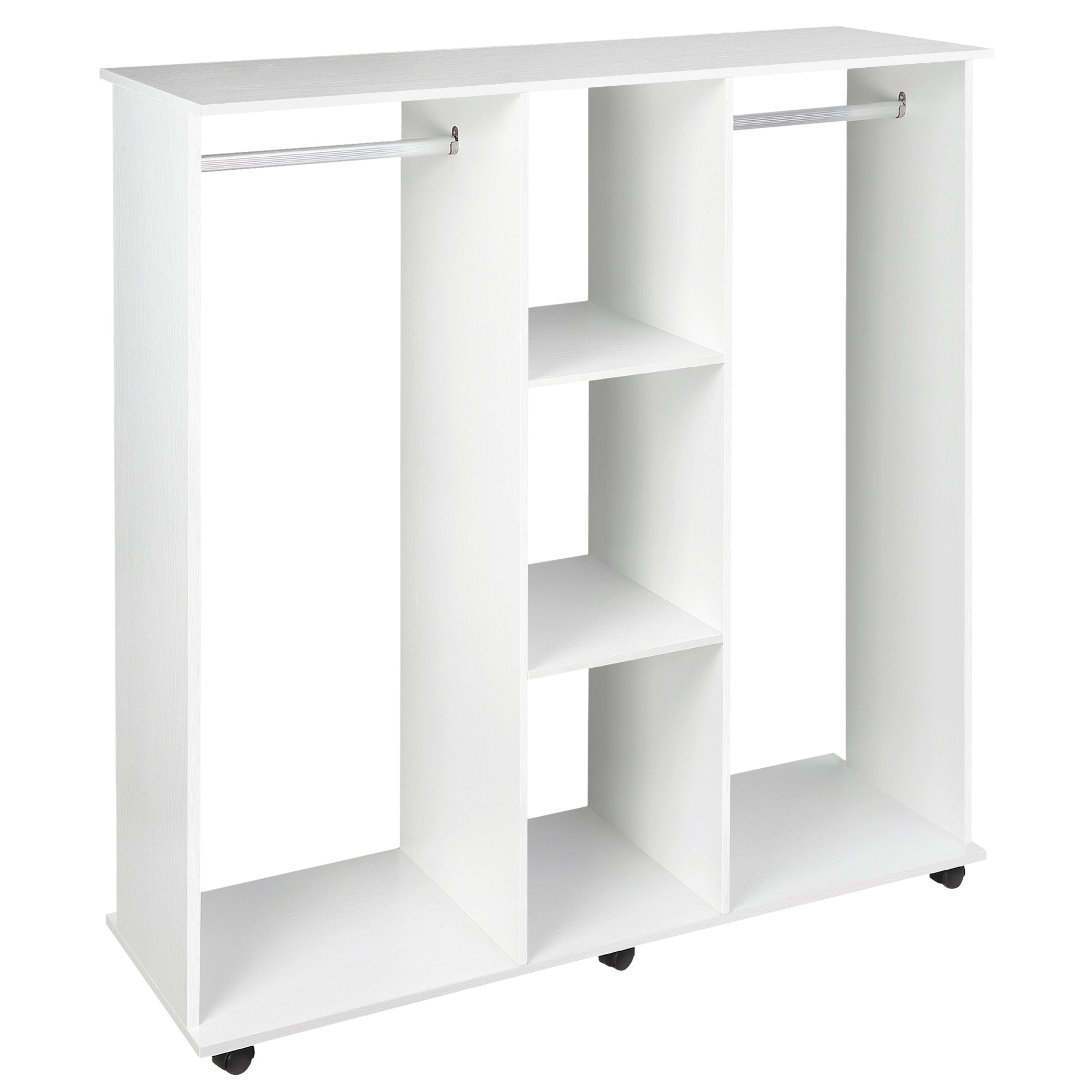 HOMCOM Double Open Wardrobe on Wheels, Bedroom Wardrobe with Clothes Hanging Rails, 3 Storage Shelves, Mobile Garment Rack for Cloakroom, Hallway, White