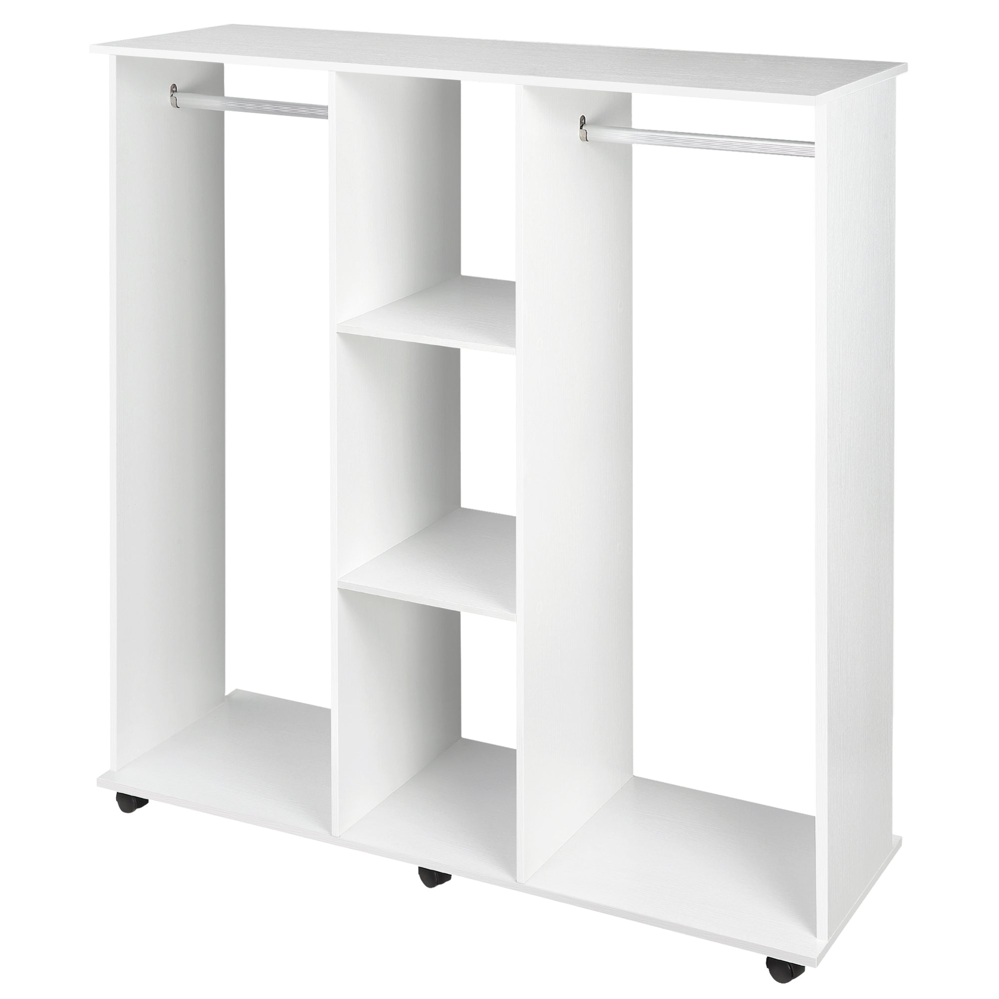 HOMCOM Double Open Wardrobe on Wheels, Bedroom Wardrobe with Clothes Hanging Rails, 3 Storage Shelves, Mobile Garment Rack for Cloakroom, Hallway, White