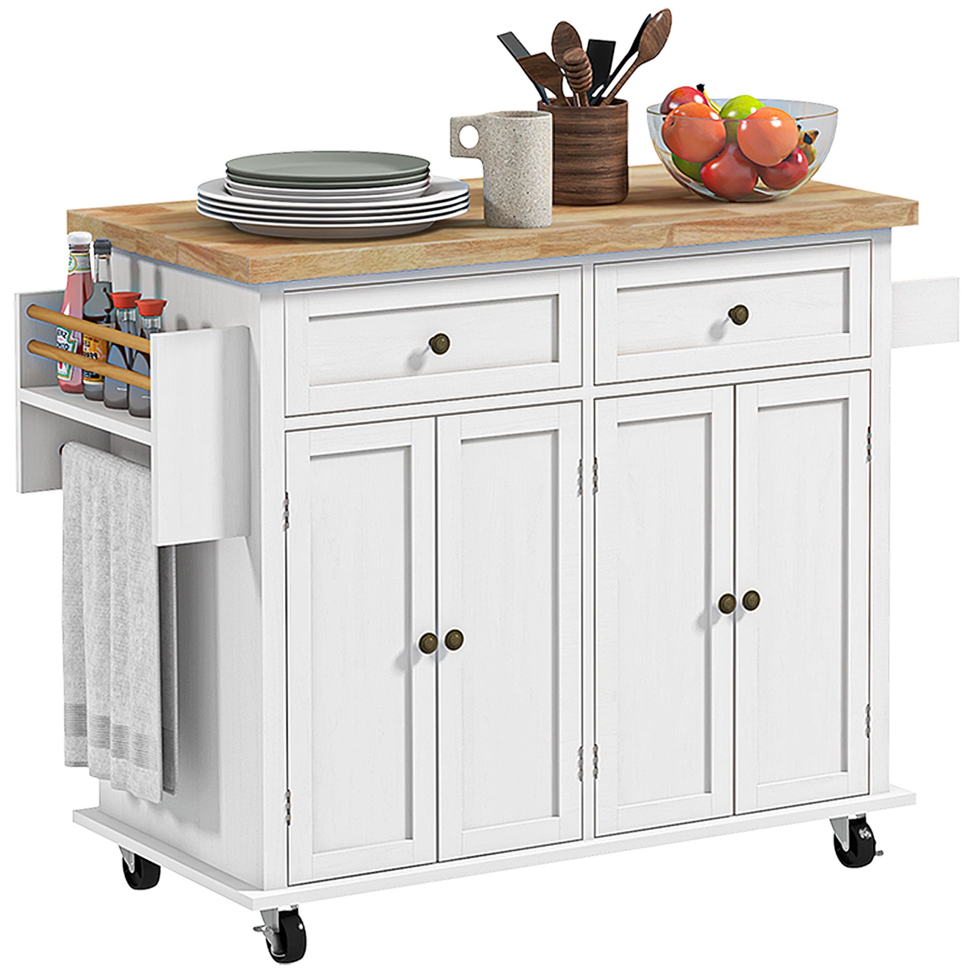 Modern Rolling Kitchen Island Cart with Spice Rack Distressed White