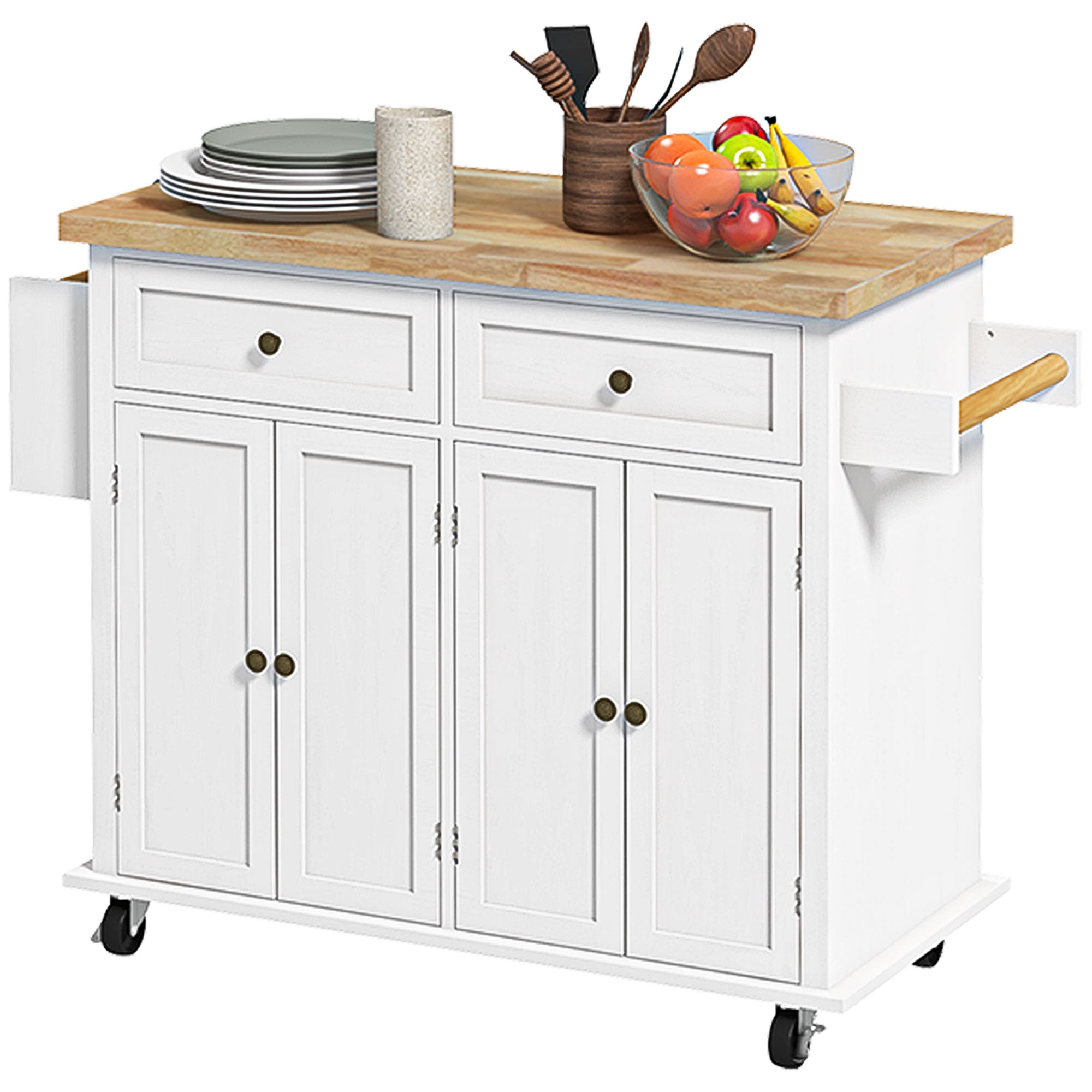 Modern Rolling Kitchen Island Cart with Spice Rack Distressed White